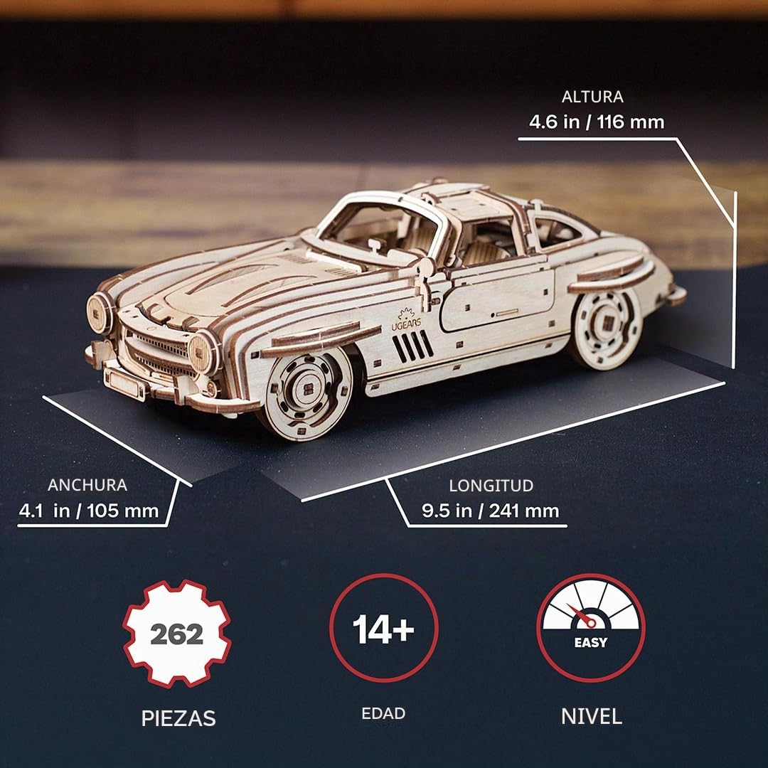 UGEARS - Coupé Deportivo Alado Rompecabezas 3D - Escala 1:24 Rompecabezas de Madera 3D para Adultos - Kit de maqueta de Coche - Kits de maquetas con Puertas de ala de Gaviota funcionales 262 Piezas