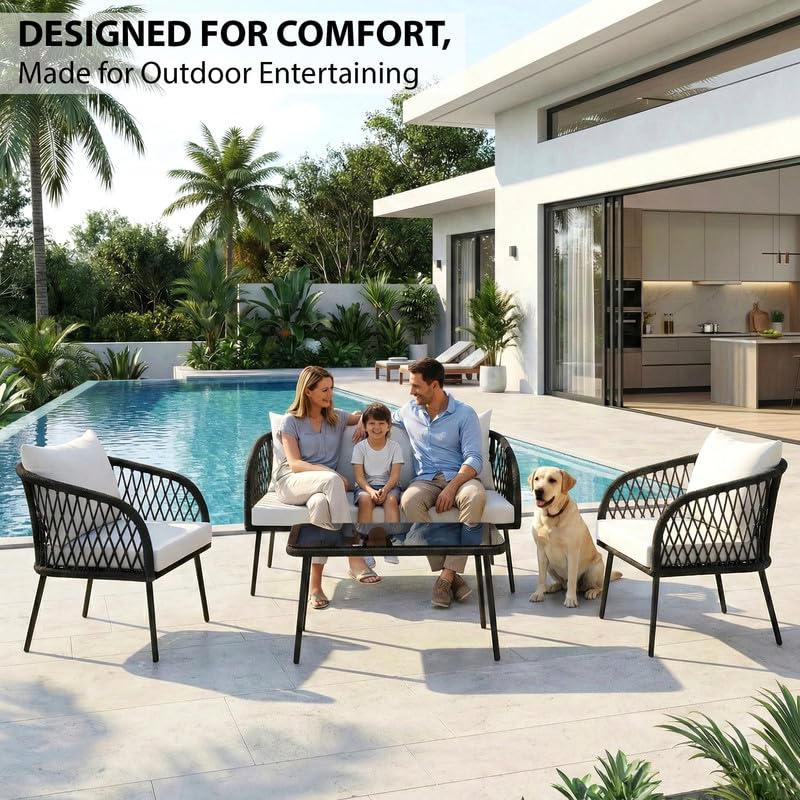 Image of OUTLIVING Braid Rope & Metal Frame Outdoor 4-Seater Sofa Set with Tempered Glass Top Center Table, Water-Repellent Cushions & Handwoven Design for Patio, Garden and Balcony (Black and White)