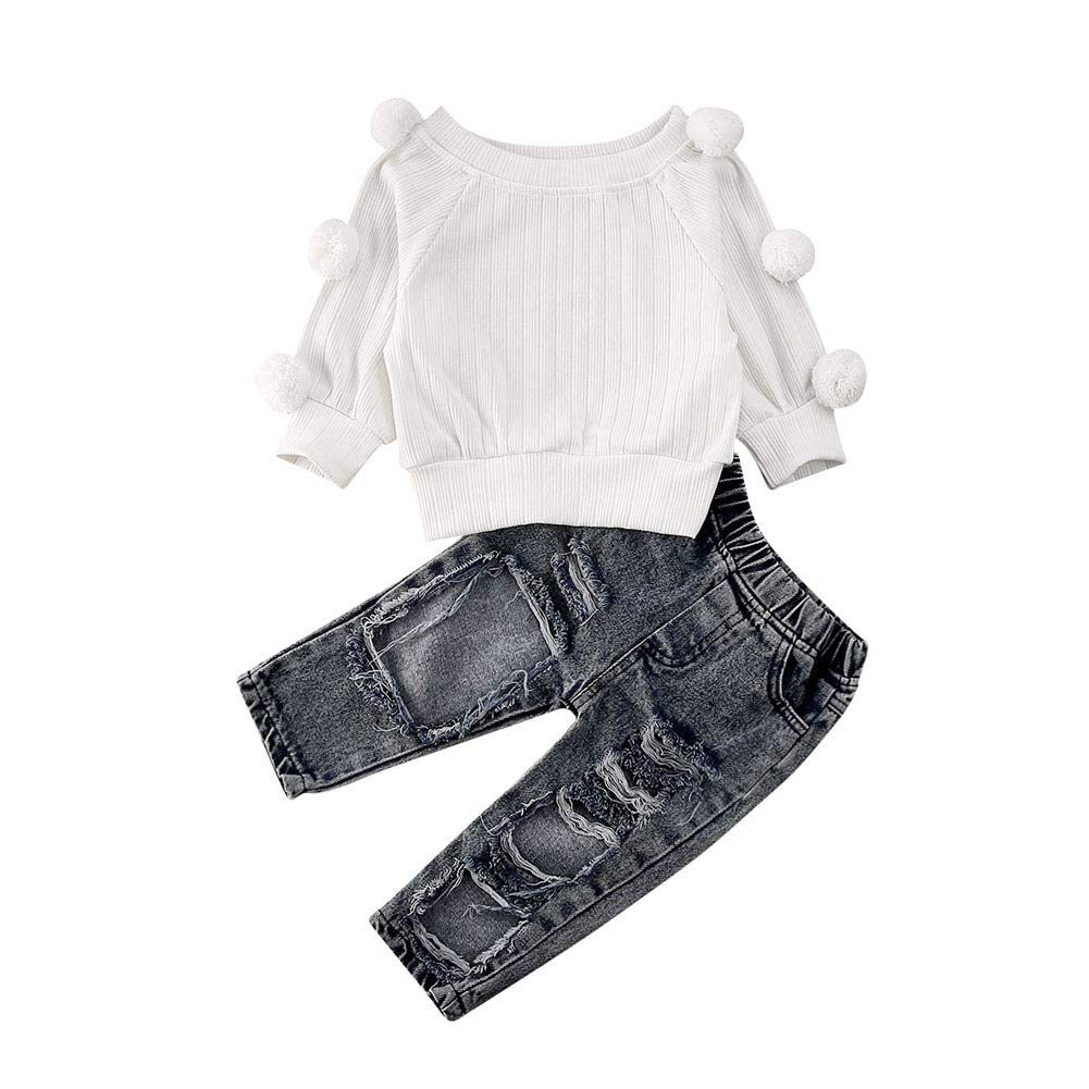 Newborn Toddler Baby Girl Solid White Loose Knitted Sweater Ripped Jeans Denim Pants Set 2Pcs Clothes Outfit (White,3-4T)