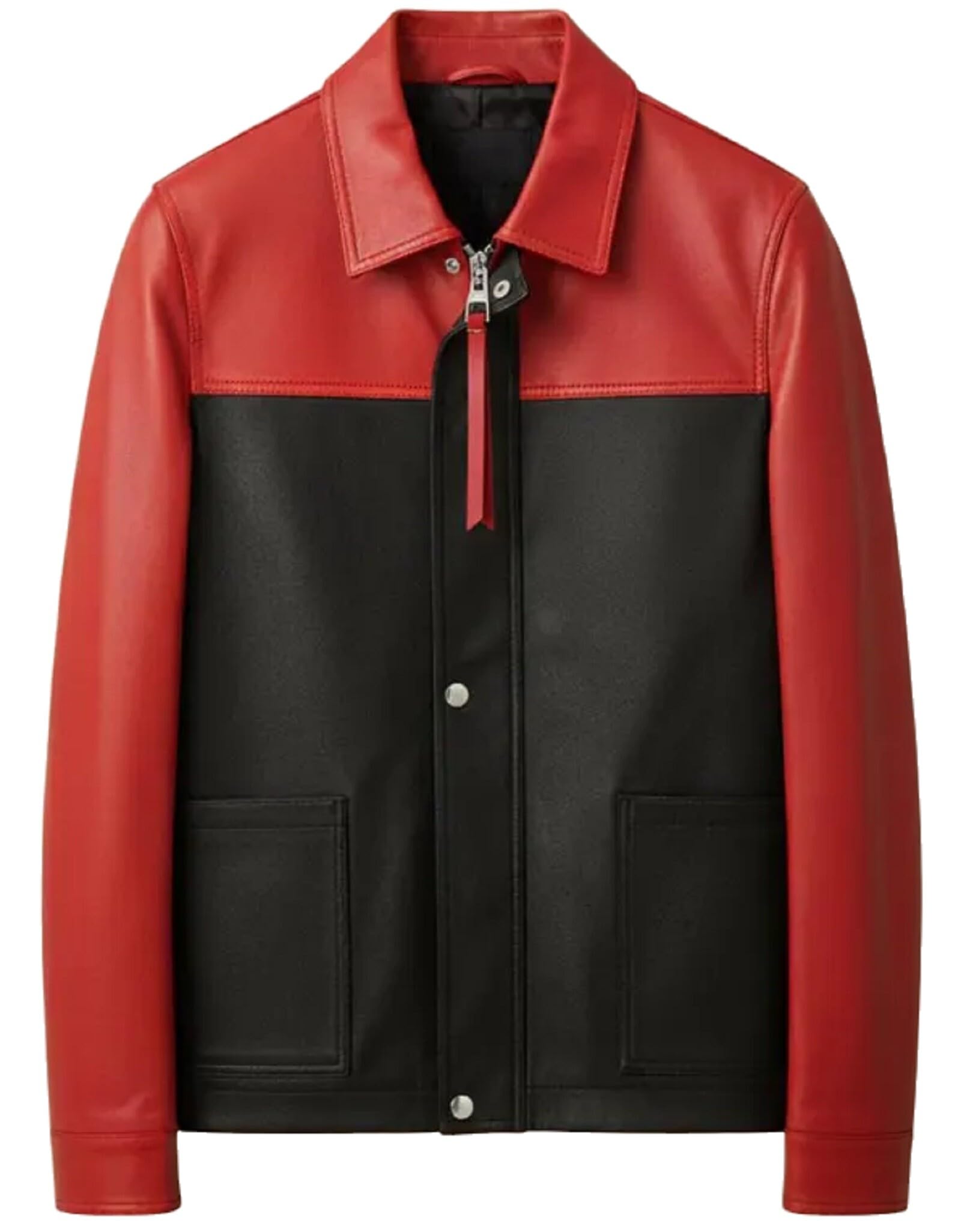 Chaqueta de cuero de alta calidad para hombre, color block rojo y negro, abrigo bomber con cremallera completa