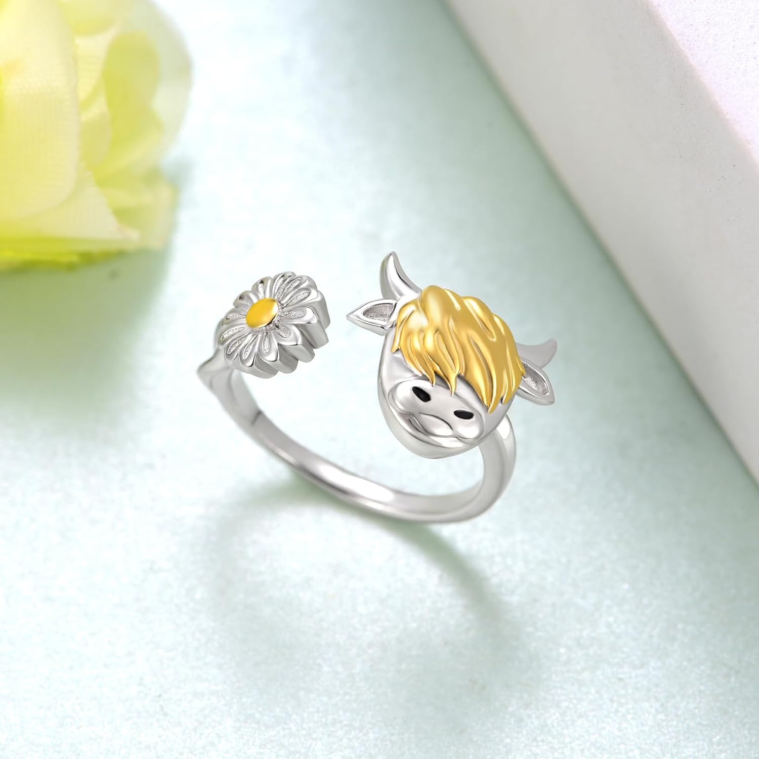 Highland Cow Open Ring 925 Sterling Silver Adjustable Cute Animal Open Rings with Loving Heart Cow Jewelry Gift for Women - Image 4