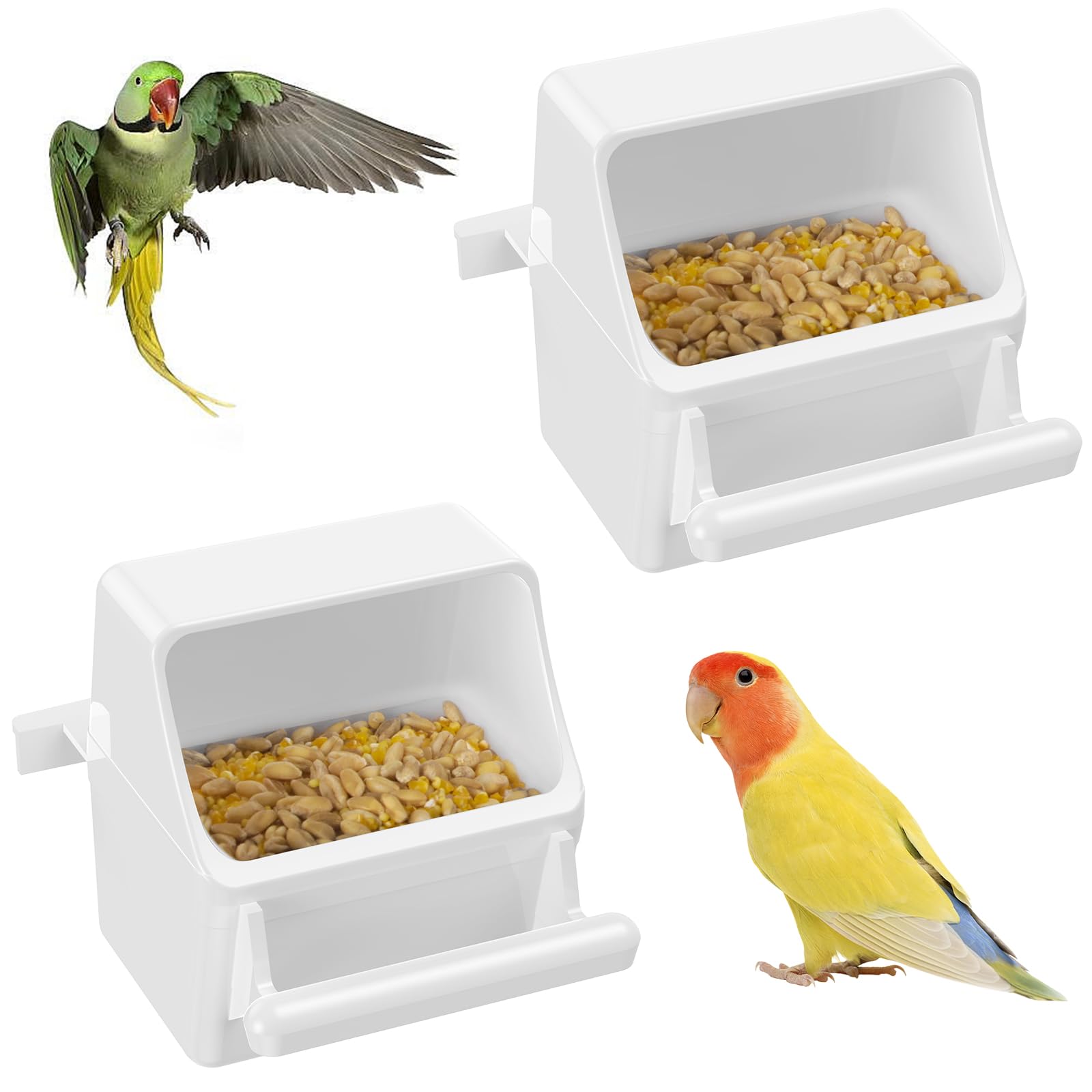 Pawfly 2 Pcs Bird Feeder, Hanging Plastic Water Dispenser with Hooks, Food Bowl for Small Parakeet Cockatiel Canary Parrot