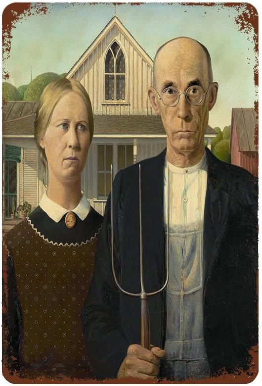 JIANGY AMERICAN GOTHIC By Grant Wood Metal Tin Sign Retro Wall Decor for Home Gate Garden Bars Restaurants Cafes Office Store Pubs Club Sign Home Gift Birthday (08x12inch)