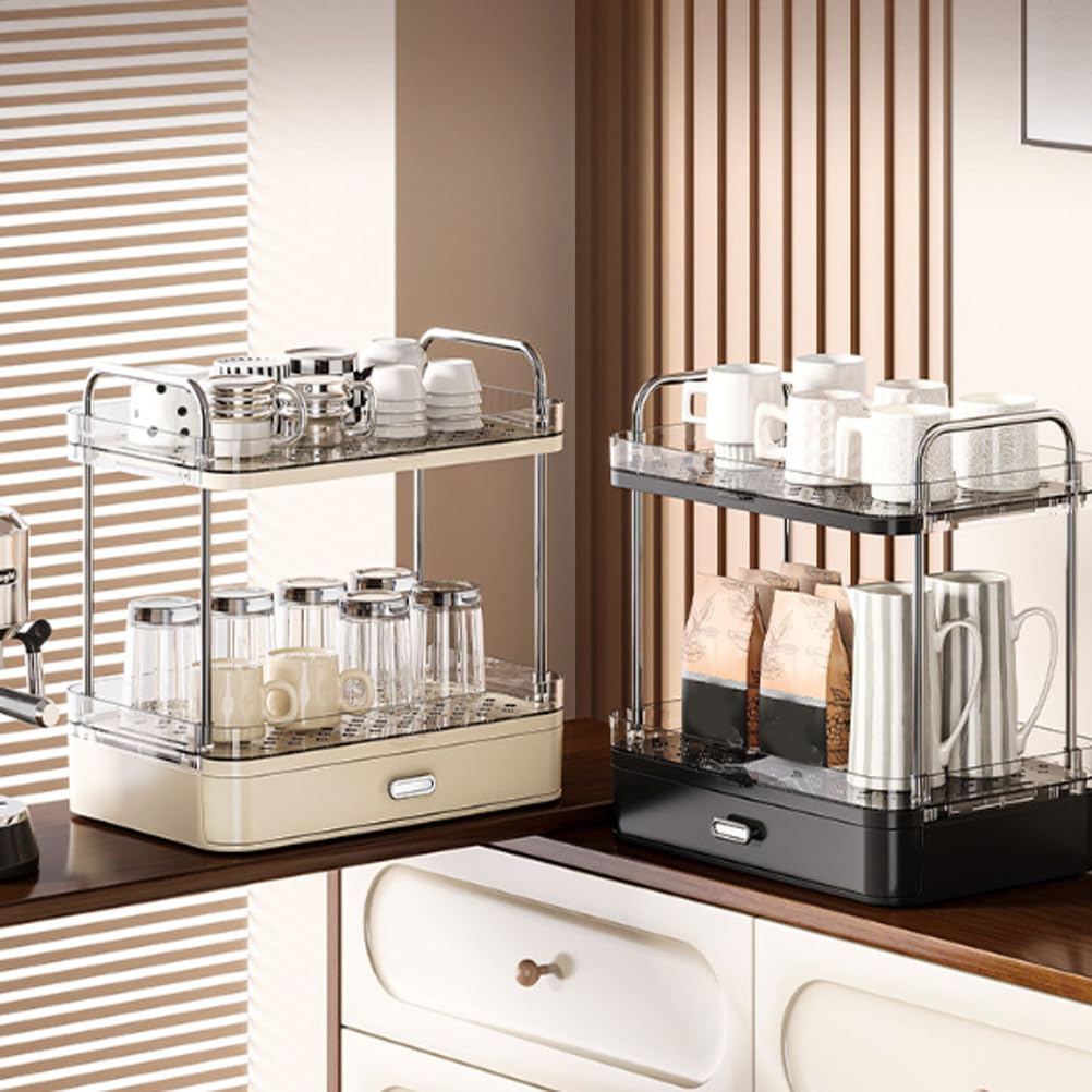 2-stöckige Kaffeestation mit ausziehbarer Schublade, Tassenhalter, Präsentationsständer, multifunktionales Aufsatzregal für Kaffeezubehör und Tassen