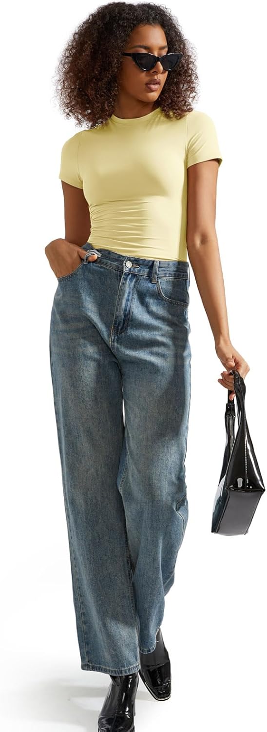 SUUKSESS Women Double Lined Fitted Basic Tee Crew Neck Short Sleeve Y2K Crop Top - Image 6