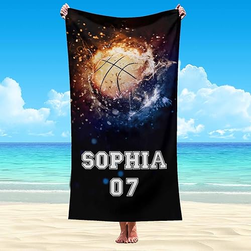 Miniatura 22 de Interestprint Toalla de playa personalizada con logotipo de secado rápido para él y ella, toalla de playa personalizada con texto blanco y morado