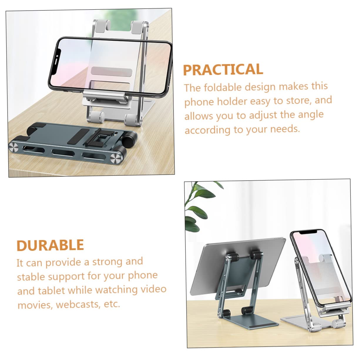 Supporto Pieghevole per Telefono e Tablet da Scrivania in Lega D'alluminio | Argento, Base Antiscivolo in Silicone e Acciaio, Angolo Regolabile, per Desktop e Dormitorio
