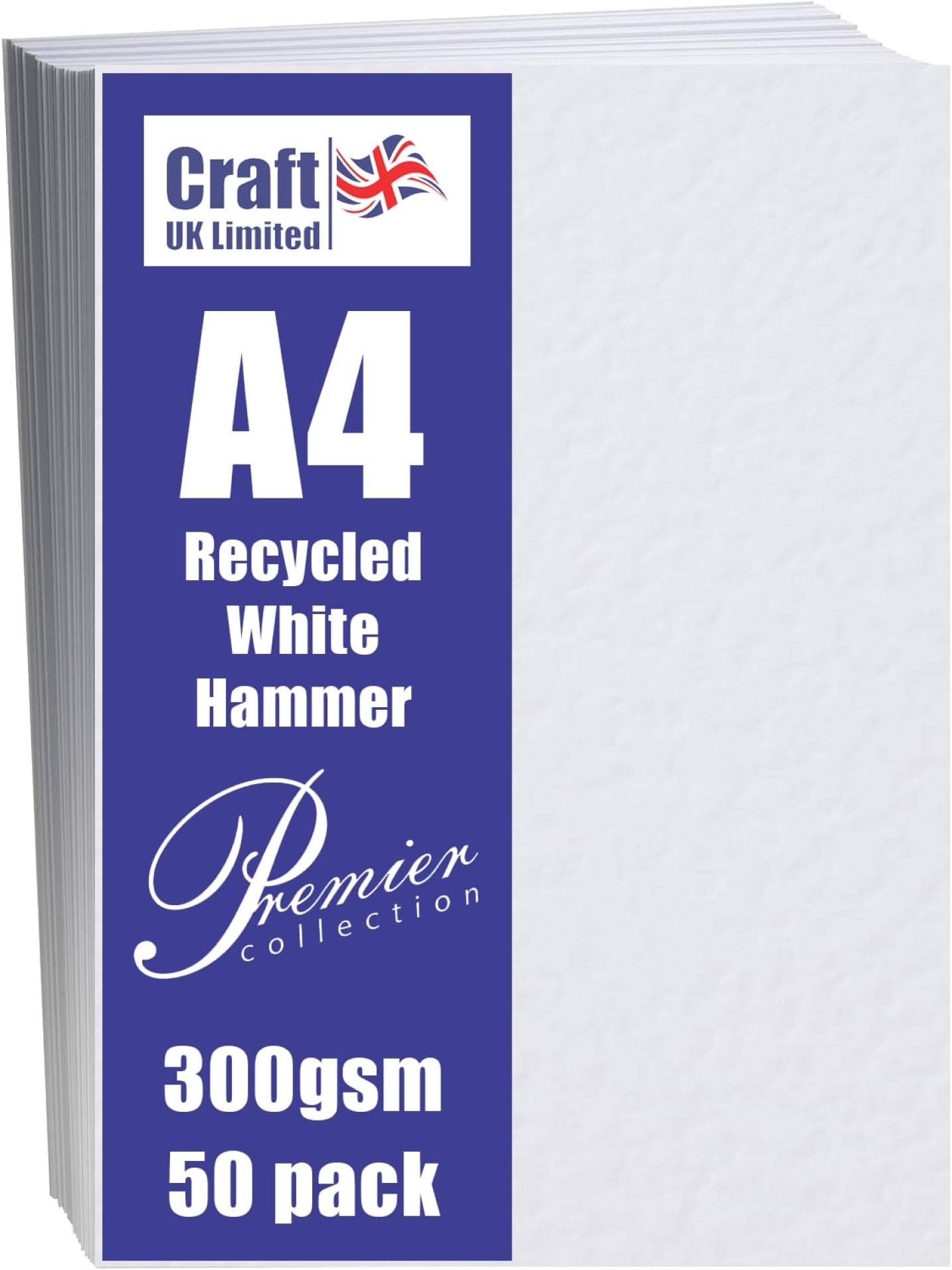 Craft UK, 50 A4 Card, Recycled Hammered Cardstock Paper for Invitations and More, 300gsm, Made in The UK, Lasting Quality, White