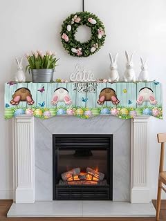 Spring Easter Bunny Table Runner Mantel Scarf Fireplace Rabbits Butterfly Easter Eggs Teal Fireplace Scarf, Perfect Fireplace Cover for Holiday Party Home Decor 70 x 17 in