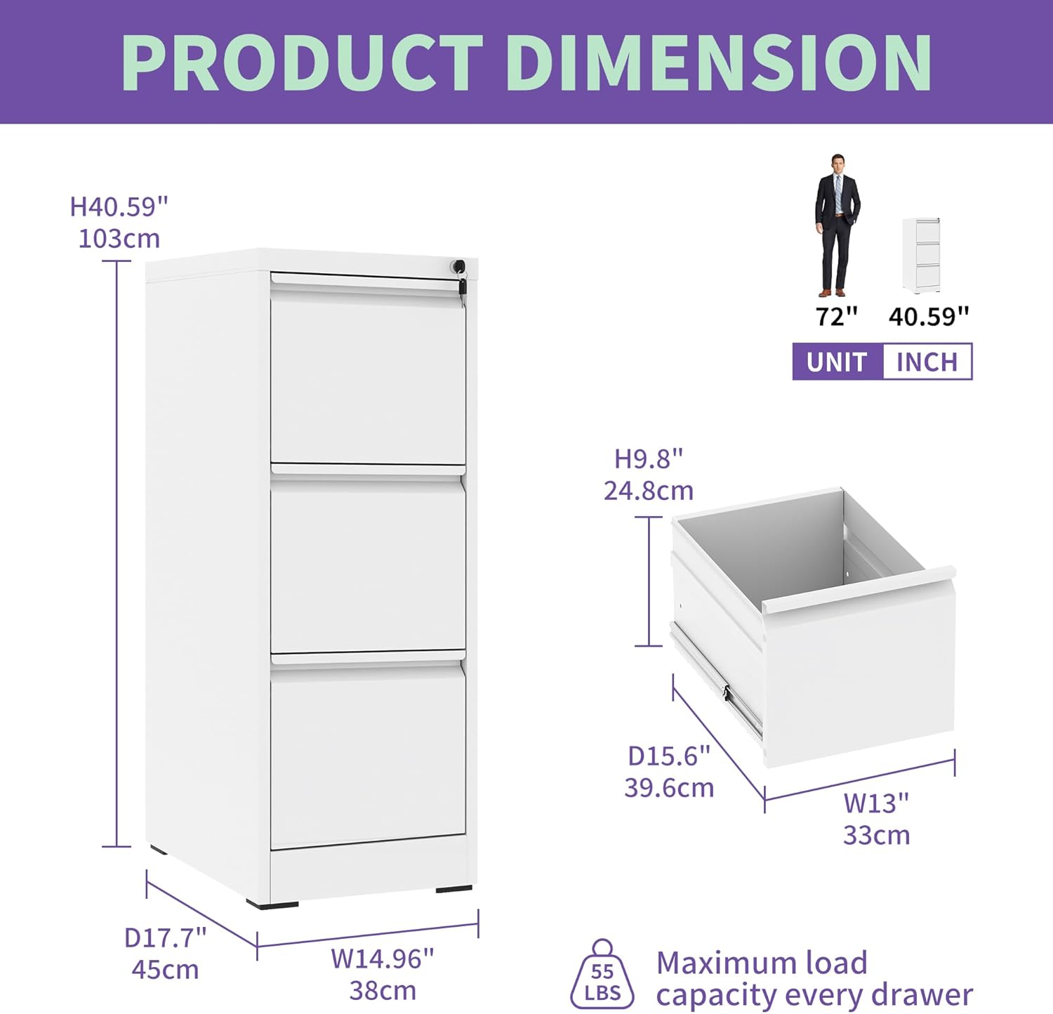 3 Drawer Metal Vertical File Cabinet with Lock Office Home Steel Vertical File Cabinet for A4 Legal,Letter Size3
