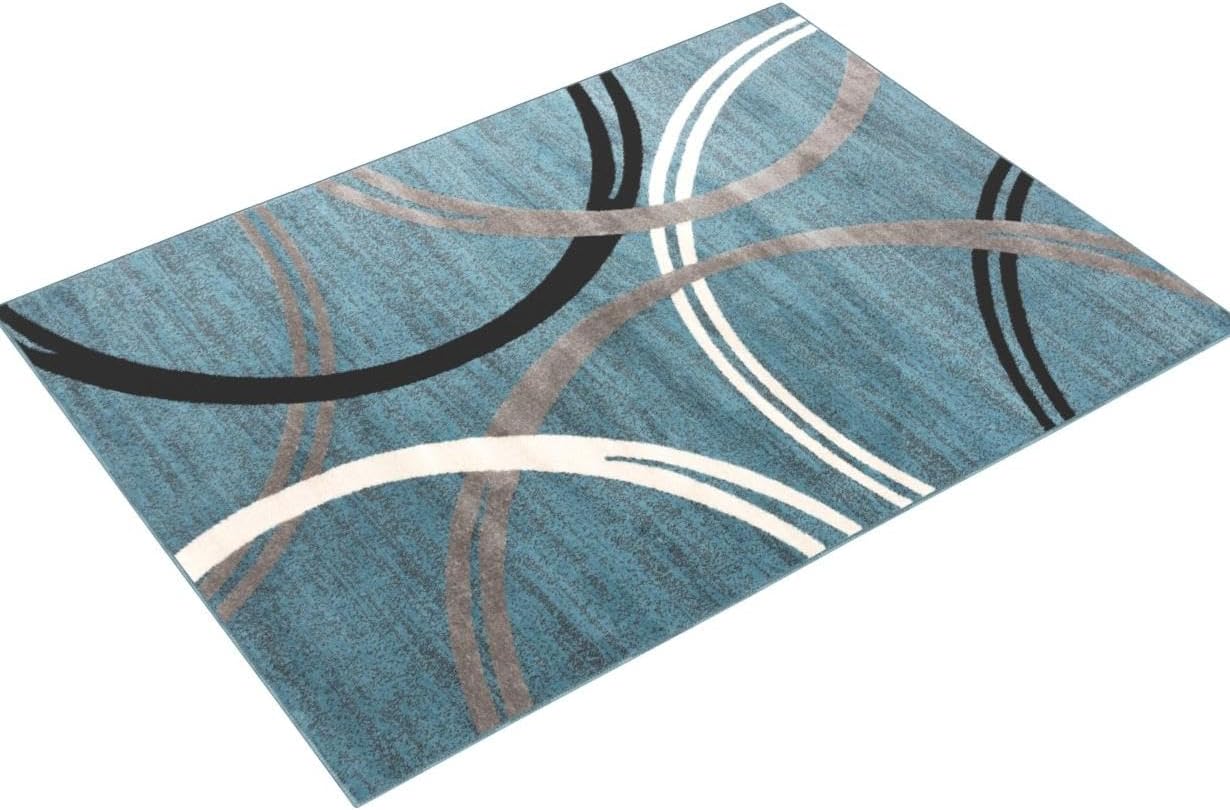 Modern Abstract Waves Blue Polypropylene Area Rug