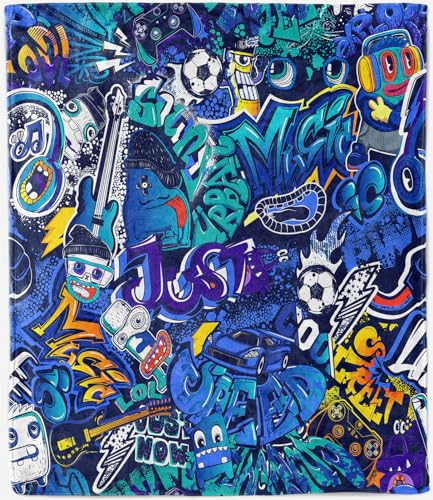 ANHOPE Graffiti Blanket Soft Lightweight Flannel Fleece Blanket for Bed Sofa Couch Football Car Gamepad Print Pattern All Season Decorative Throw for Kids Adults Single 130 x 150 cm
