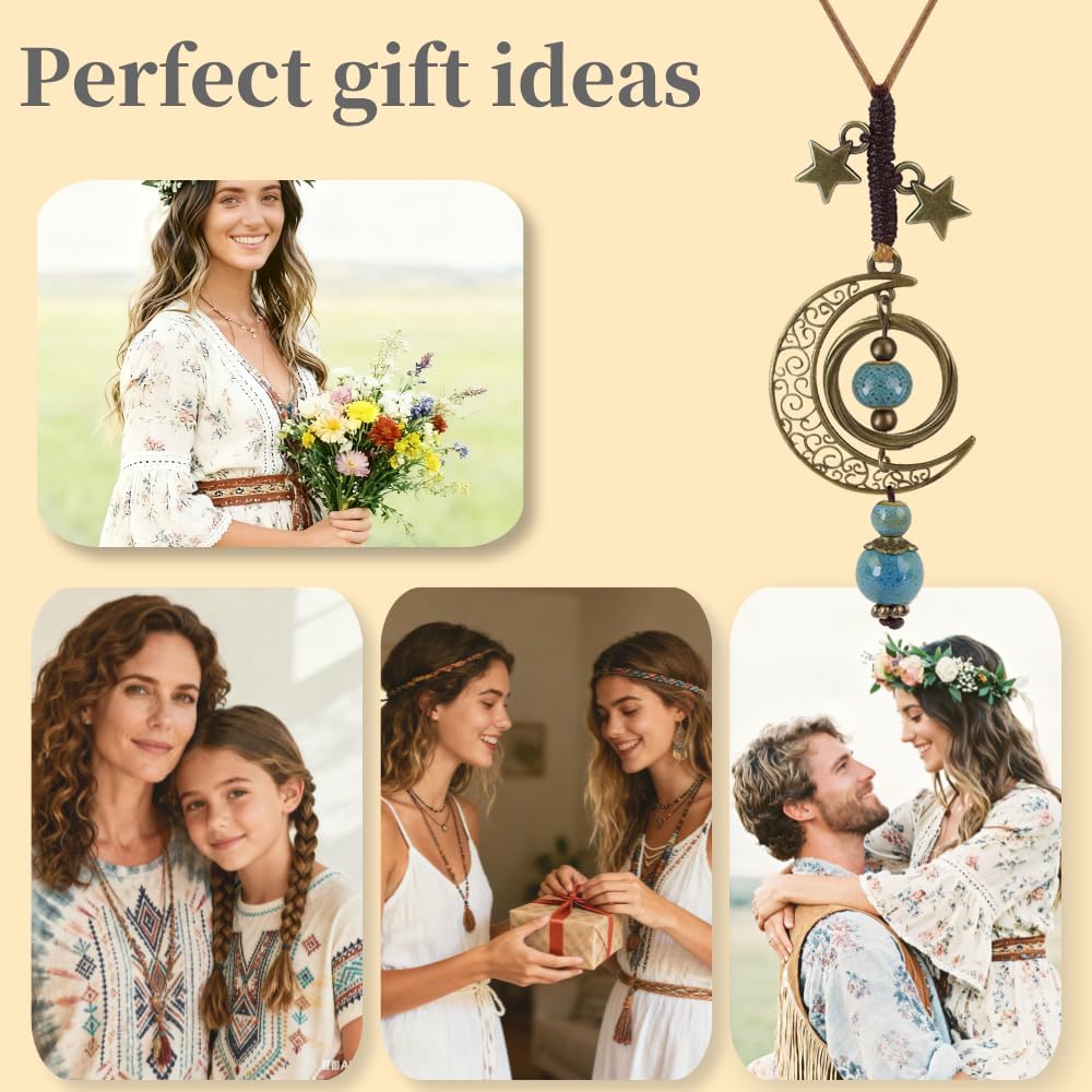 Bohemian Pendant Necklace Vintage Crescent Moon Statement Necklace Boho Ceramic Bead Pendant Adjustable Length for Women - Image 3