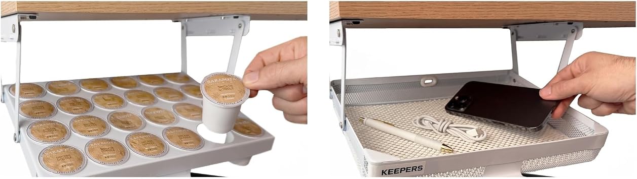 COFFEEKEEPERS KEEPERS Under Cabinet K-Cup Holder + Storage Basket Bundle - 24 Pod Keurig Coffee Organizer + Kitchen Storage Set - White Steel Swing-Down Coffee Bar Accessories - Pod Stand
