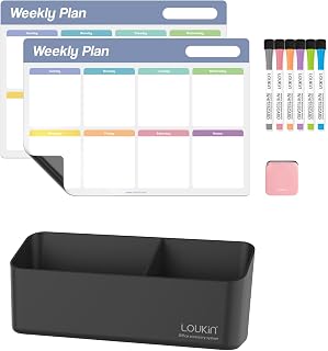 LOUKIN17 x11.8 Weekly Dry Erase Calendar 2 Pack, 6 Markers & 1 Eraser Included | Magnetic and Adhesive Marker Holder (Black)
