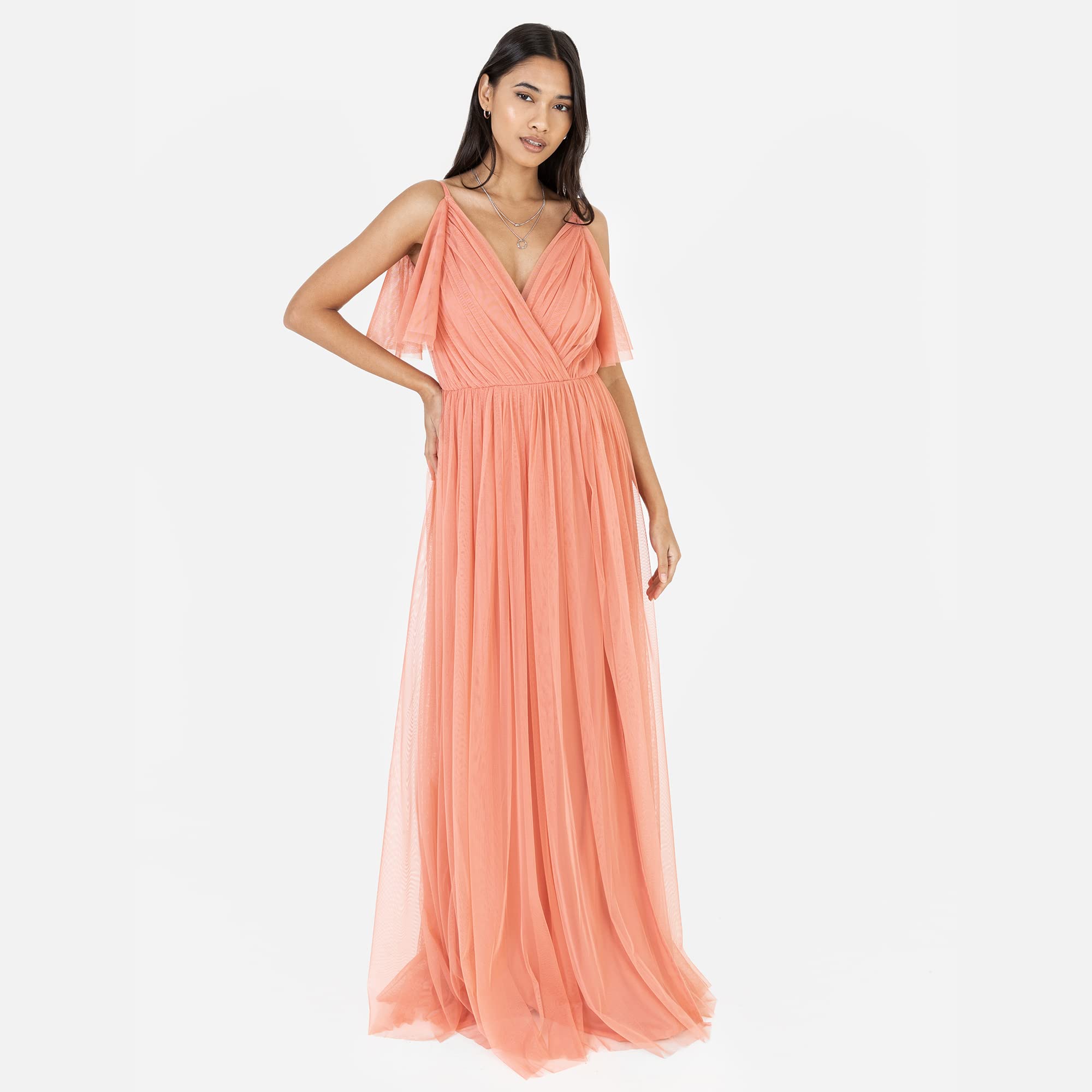 Anaya with Love Ladies Women Long Length Dress Maxi Short Sleeve Cami V Neckline Long Length Empire Waist Bridesmaid Wedding Guest Prom Vestito Donna (Pacco da 1)