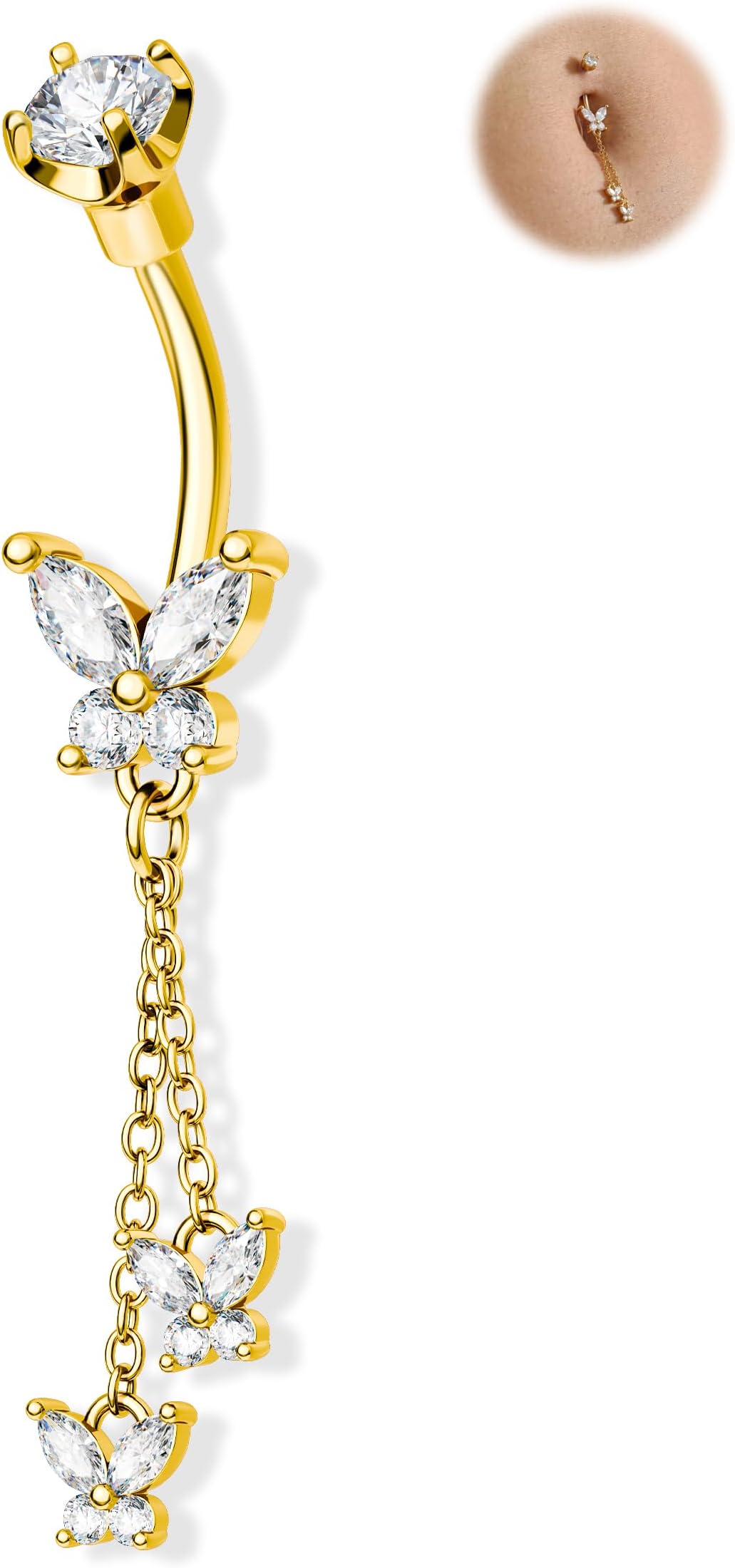 Cute Belly Button Rings Dangle 14G Butterfly Belly Button Piercing for Women Gold Navel Ring 316L Surgical Steel Navel Piercing Jewelry