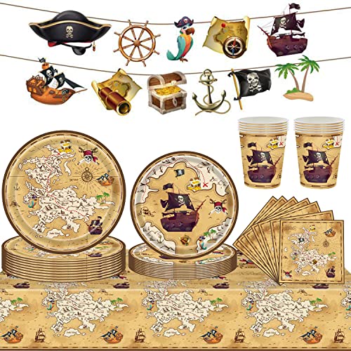 Newtic 52PCS Pirate Décoration Anniversaire, Vaisselle de fête Pirate, Ensemble de fête d'anniversaire pour enfants, Nappe,Assiettes,Serviette,Gobelet papier, Bannière, Pour anniversaire d'enfant