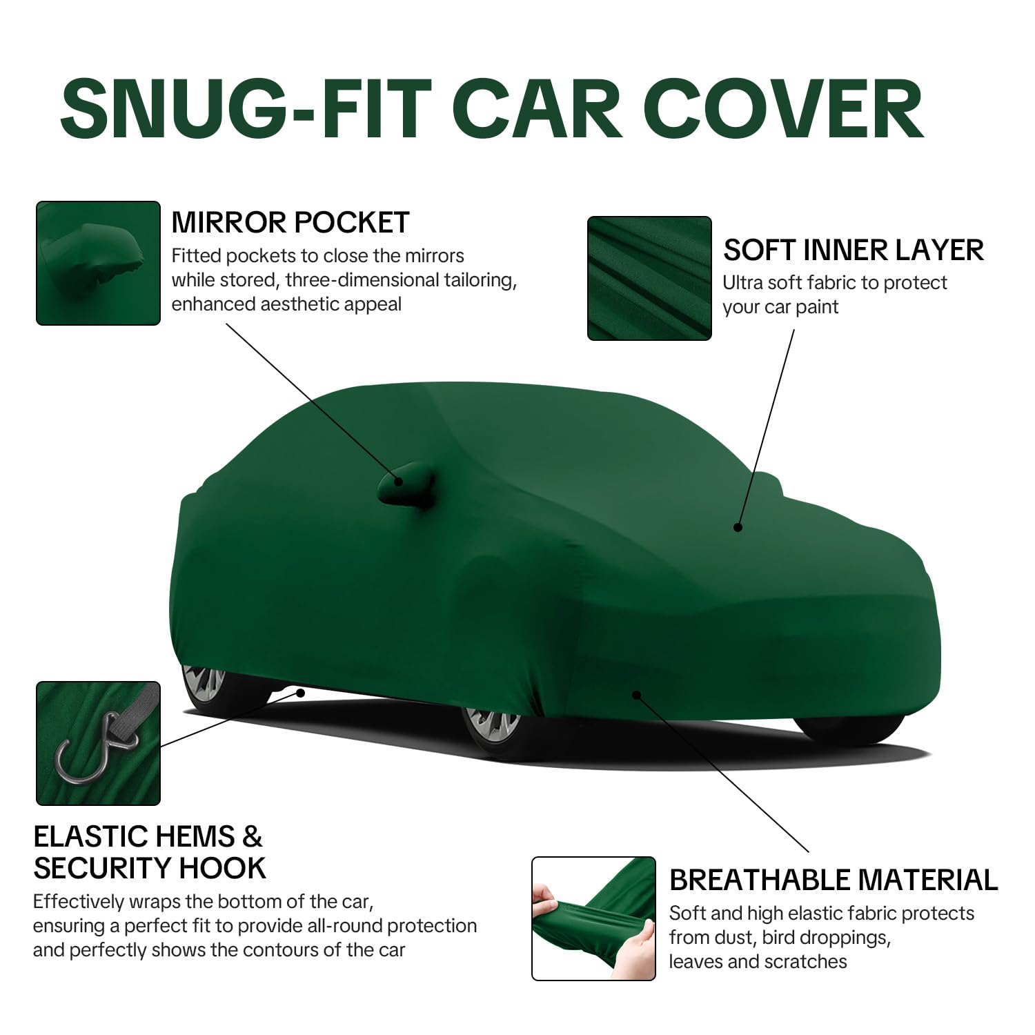 WinPower Funda Coche Interior Antipolvo Transpirable Elástica Lona Cubre Funda Protectora Completa Suave Antiarañazos Hatchback Cubierta para Garaje Exposición de Coches Verde, 3.95-4.25M, 1 Pieza