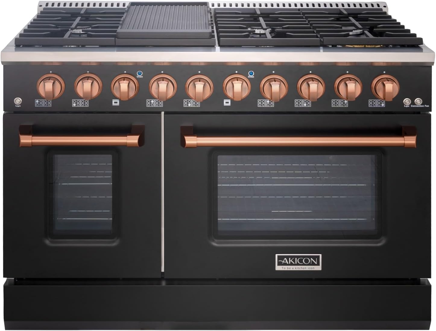 Akicon 48" Slide-in Freestanding Professional Style Gas Range with 6.7 Cu. Ft. Oven, 8 Burners, Convection Fan, Cast Iron Grates, & Blue Porcelain Oven Interior, In Black with Copper