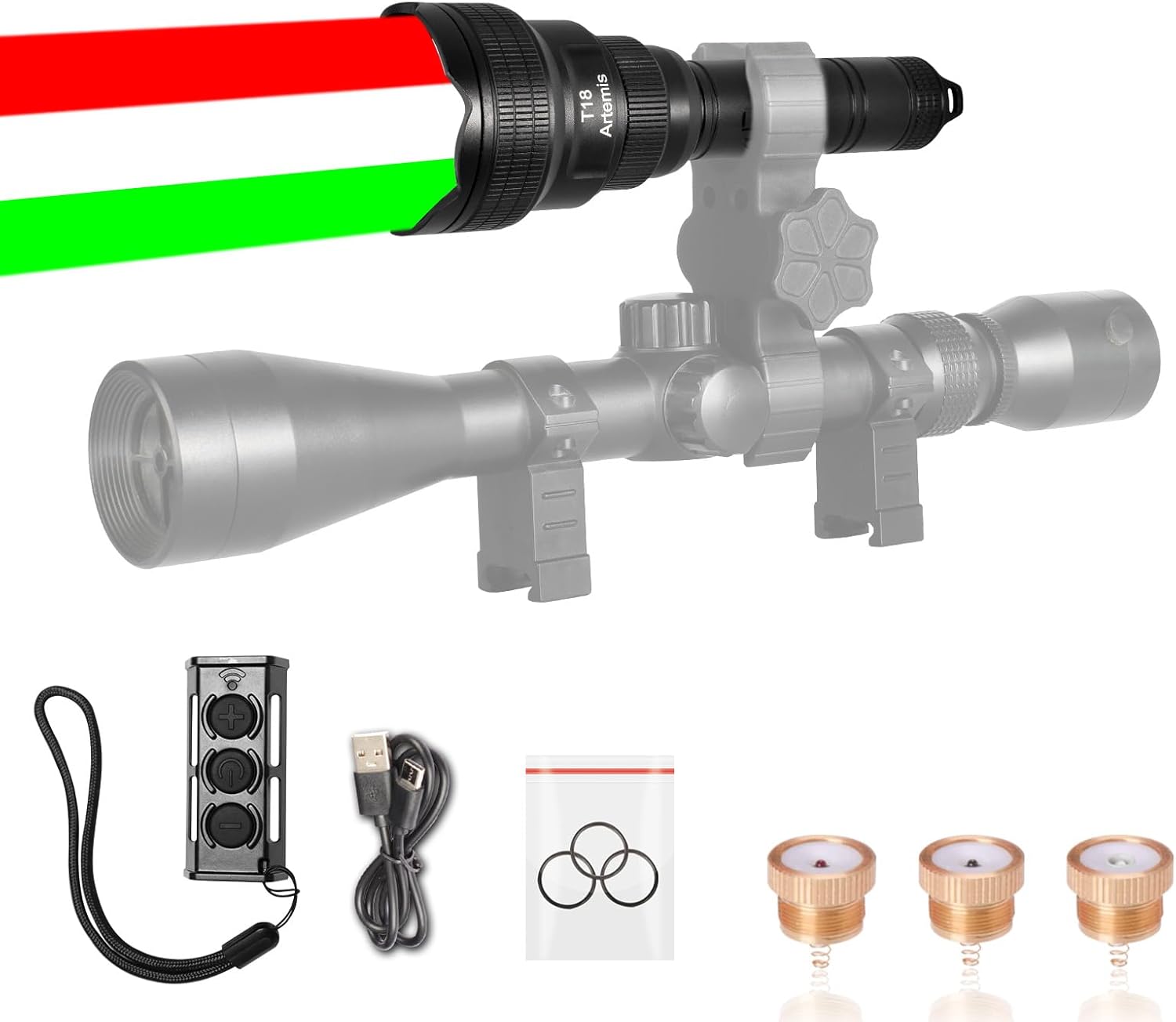 Brinyte T18 Hunting Light (Red Green White) 3-in-1 Zoomable LED Flashlight, Rechargeable Long Range Predator Light Flashlight with Remote Pressure Switch for Hog Coyote Coon Varmint Hunting