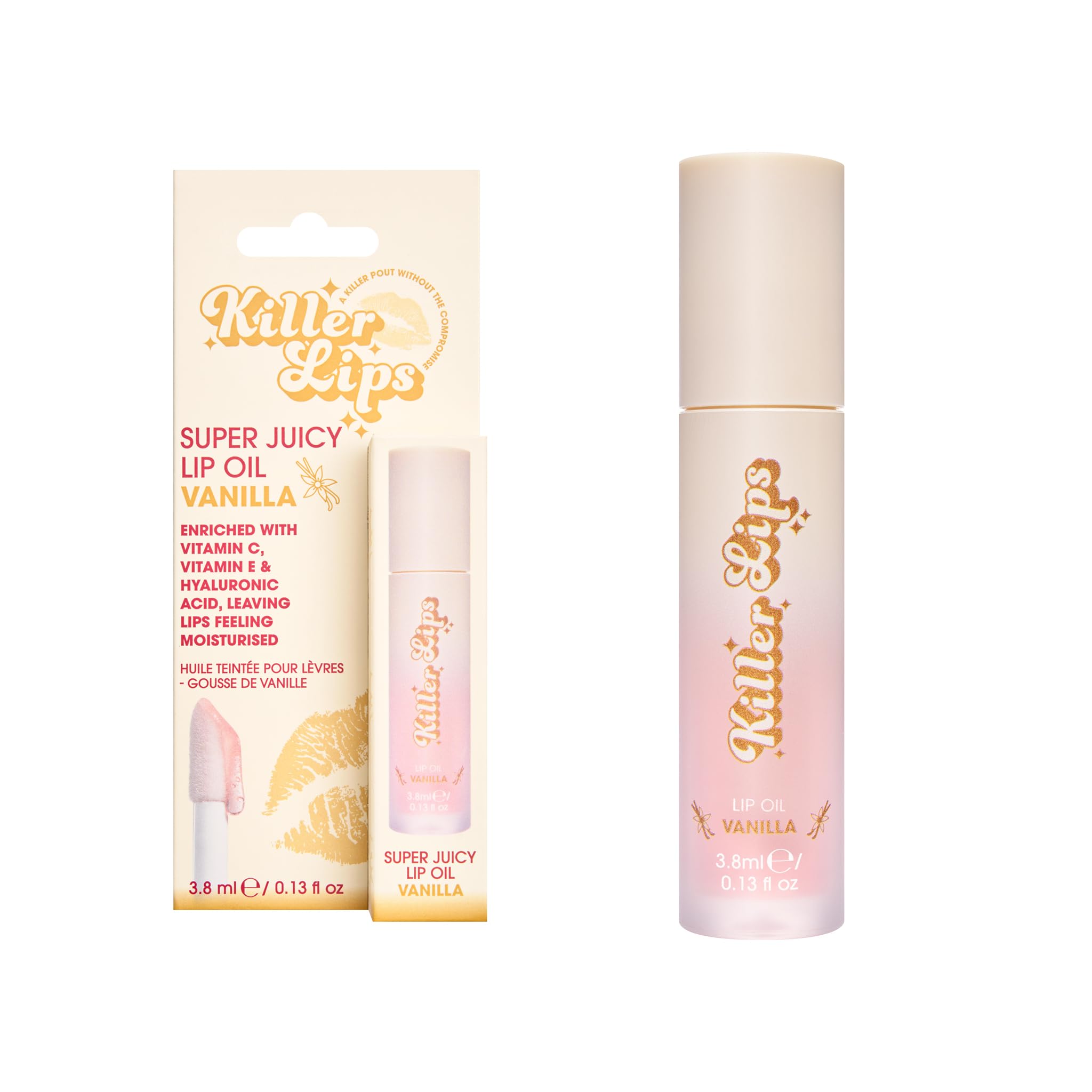 Killer Lips Super Juicy Lip Oil Vanilla 3.8ml – Hydrating Glossy Lip Oil with Hyaluronic Acid, Vitamin E & C, Non-Sticky Lip Gloss for Soft, Plumper Looking Lips, Vegan Friendly