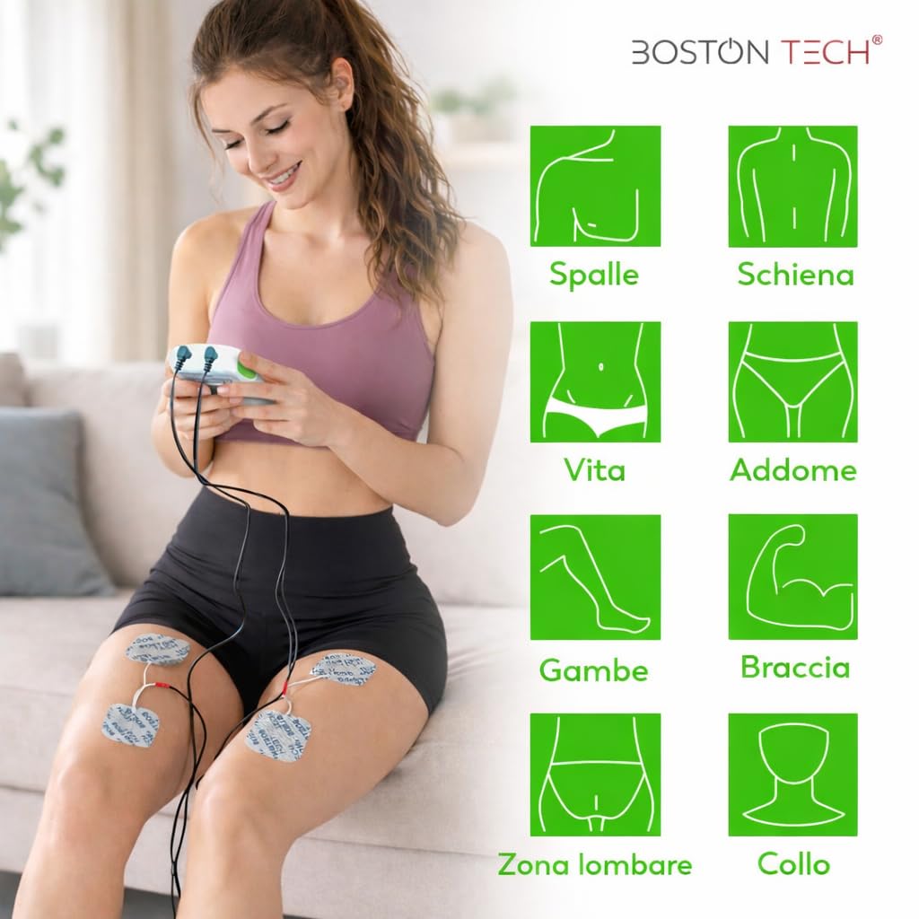 Stimolatore muscolare Boston Tech WE112 3 in 1 TENS/EMS | 36 programmi + intensità regolabile + 4 elettrodi | Sollievo dal dolore, riabilitazione e stimolazione muscolare | Batteria AAA inclusa