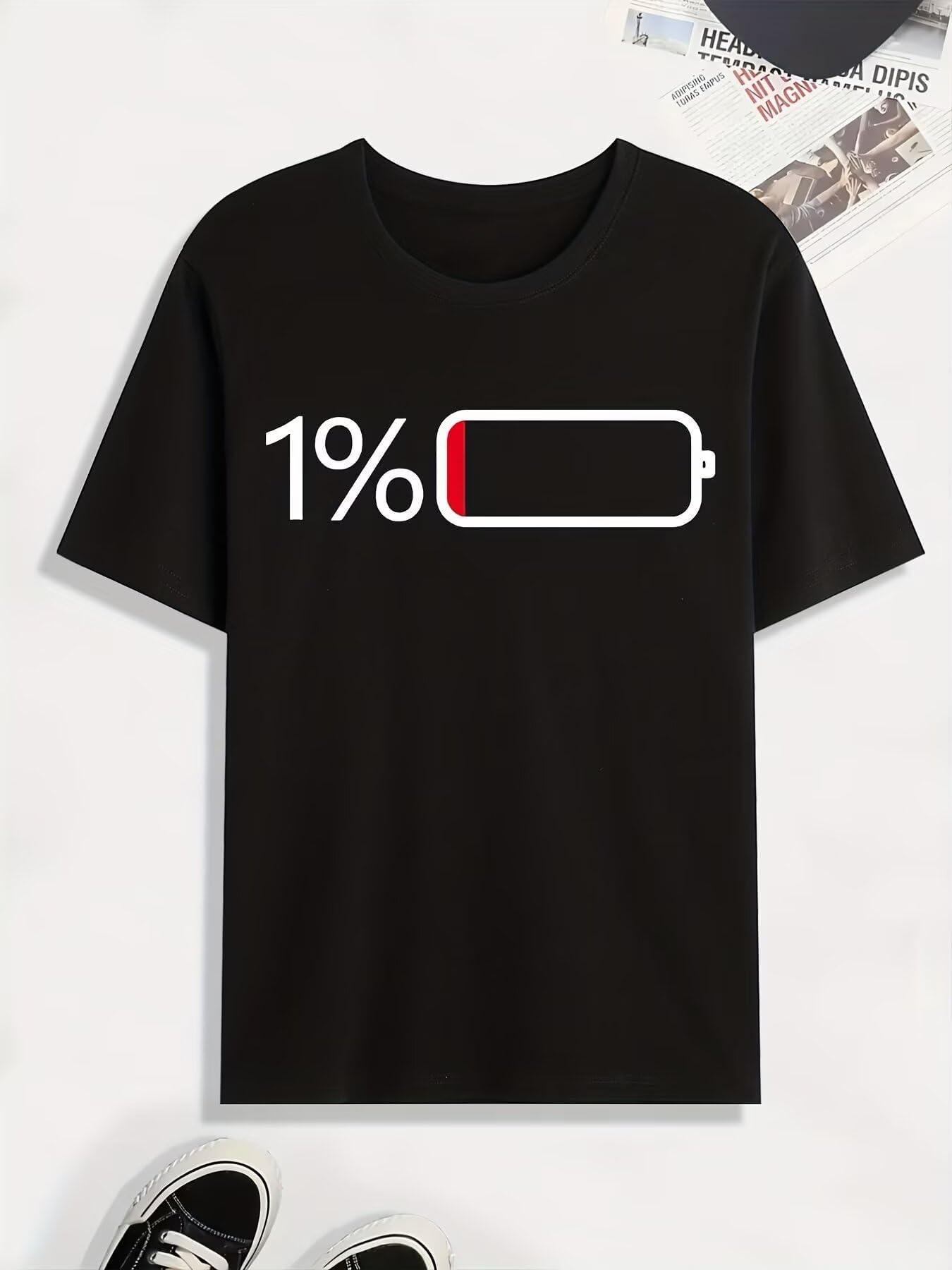 1% Low Battery T-Shirt | Unisex T-Shirt Cotton Sports Tee | Perfect for Sports or Casual Wear(Black)