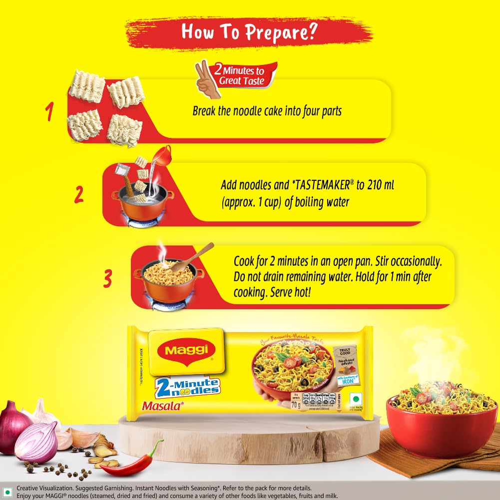 MAGGI 2-Minute Instant Noodles, Masala Noodles With Goodness Of Iron, Made With Choicest Quality Spices, Favourite Masala Taste, 1.26kg Pouch (Pack of 18, 70 g each) - Image 6 thumbnail