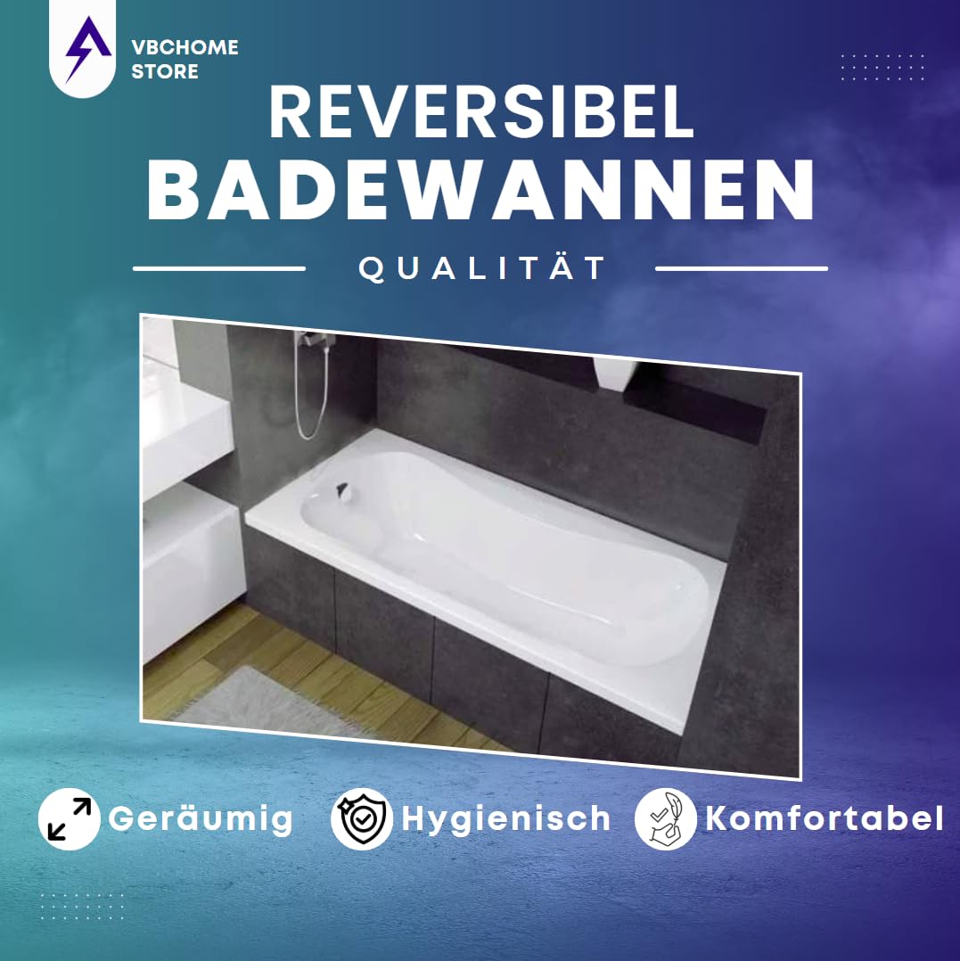 VBChome Badewanne 170x70x41 cm Acryl SET Rechteckwanne, Styroporträger, Siphon, Ablaufgarnitur Chrom, Modernes Design Weiß Robustes Material Antibakterielle Oberfläche, Einfache Montage, Wärmedämmung