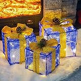 FUNPENY Set of 3 Foldable Christmas Lighted Gift Boxes, 60 LED Christmas Box Decorations, Presents Boxes with Ribbon Christmas Decorations for Xmas Tree Yard Home Indoor Outdoor Holiday Decor(Blue)