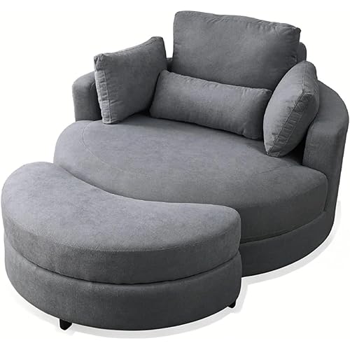 51" W Swivel Accent Barrel Chair Set Lounge Club Big Round Sofa with 4 Pillows and Storage Ottoman for Living Room and Bedroom (Dark Grey + Linen)