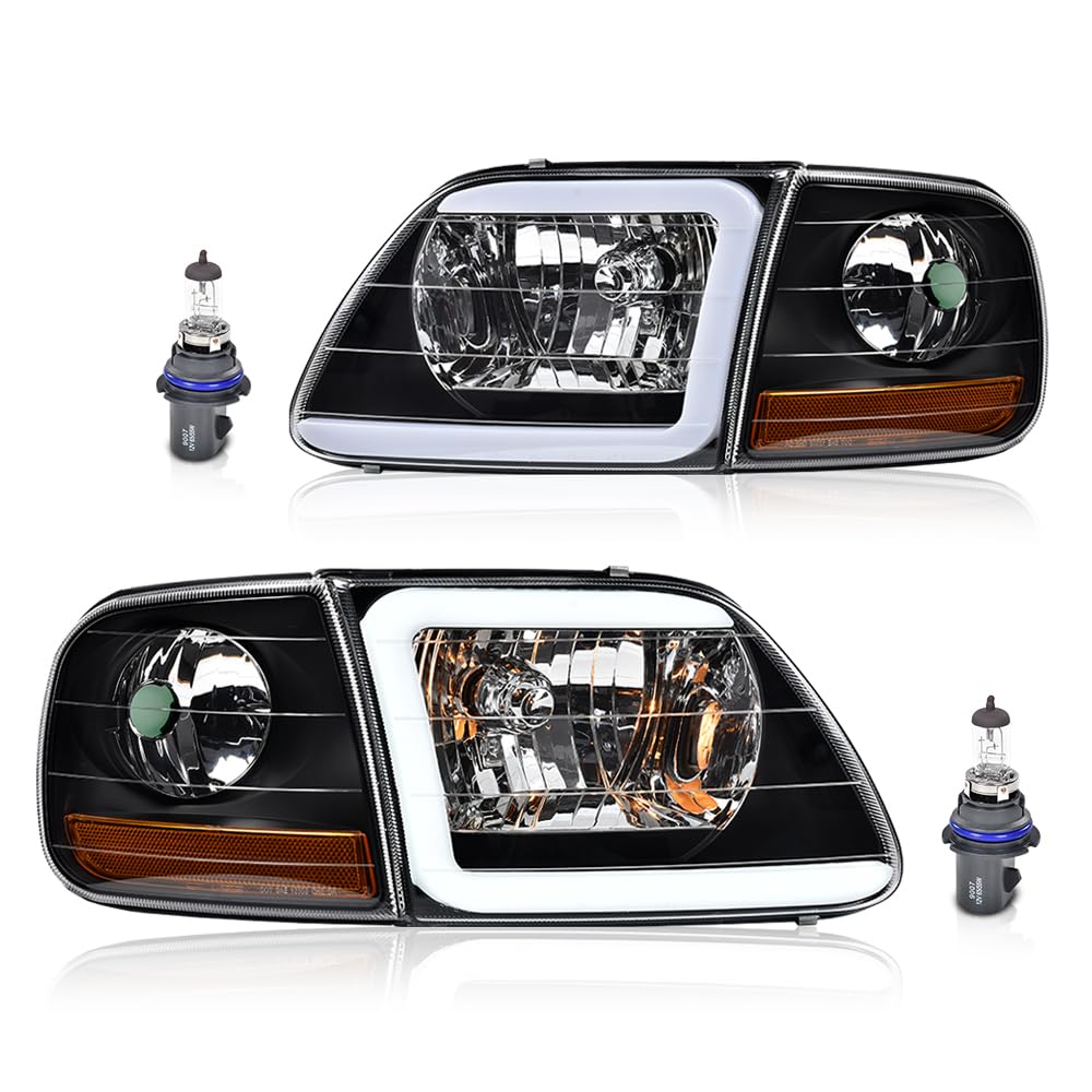 PIT66 LED DRL Headlights w/Corner Parking Lights Fit for 1997-2003 Ford F150 /2004 F150 Heritage/Fit 98-99 F250 /Fit 97-02 Expedition Black Housing Amber Reflector