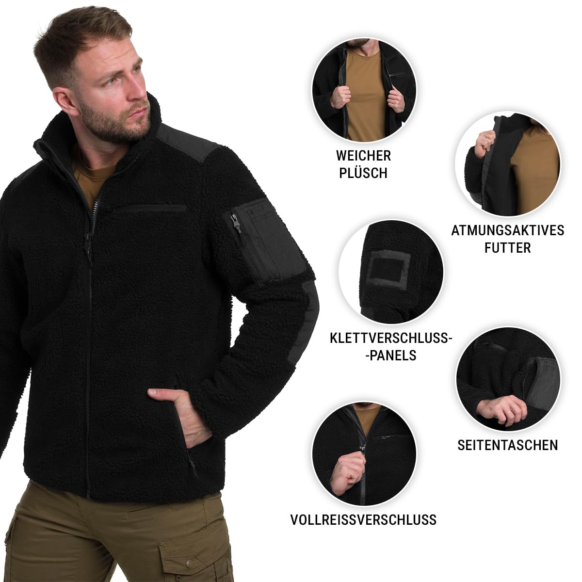 Military Wear Tactical Teddyfleece | Herren Outdoor Fleecejacke mit 5 Taschen, Survival Bushcraft Ausrüstung, Taktische Fleece mit Klettverschluss