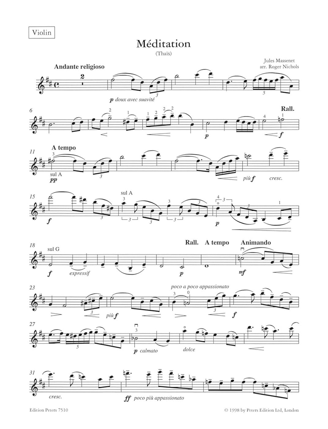 Massenet, Jules - Meditation from Thais - Skrzypce i fortepian - pod redakcją Rogera Nicholsa