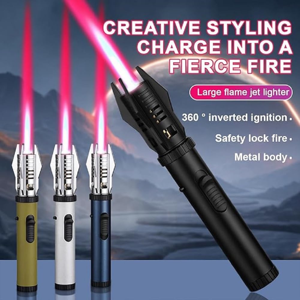 Briquet à flamme droite coupe-vent pour camping, extérieur, gaz en métal, briquet à grande flamme, rechargeable avec verrouillage de sécurité pour barbecue en plein air, cuisine (bleu)