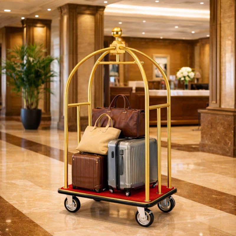 Carrito de Equipaje para Hotel - Dorado - Acero Inoxidable - Plataforma con moqueta roja - 4 Ruedas - Lujo Profesional