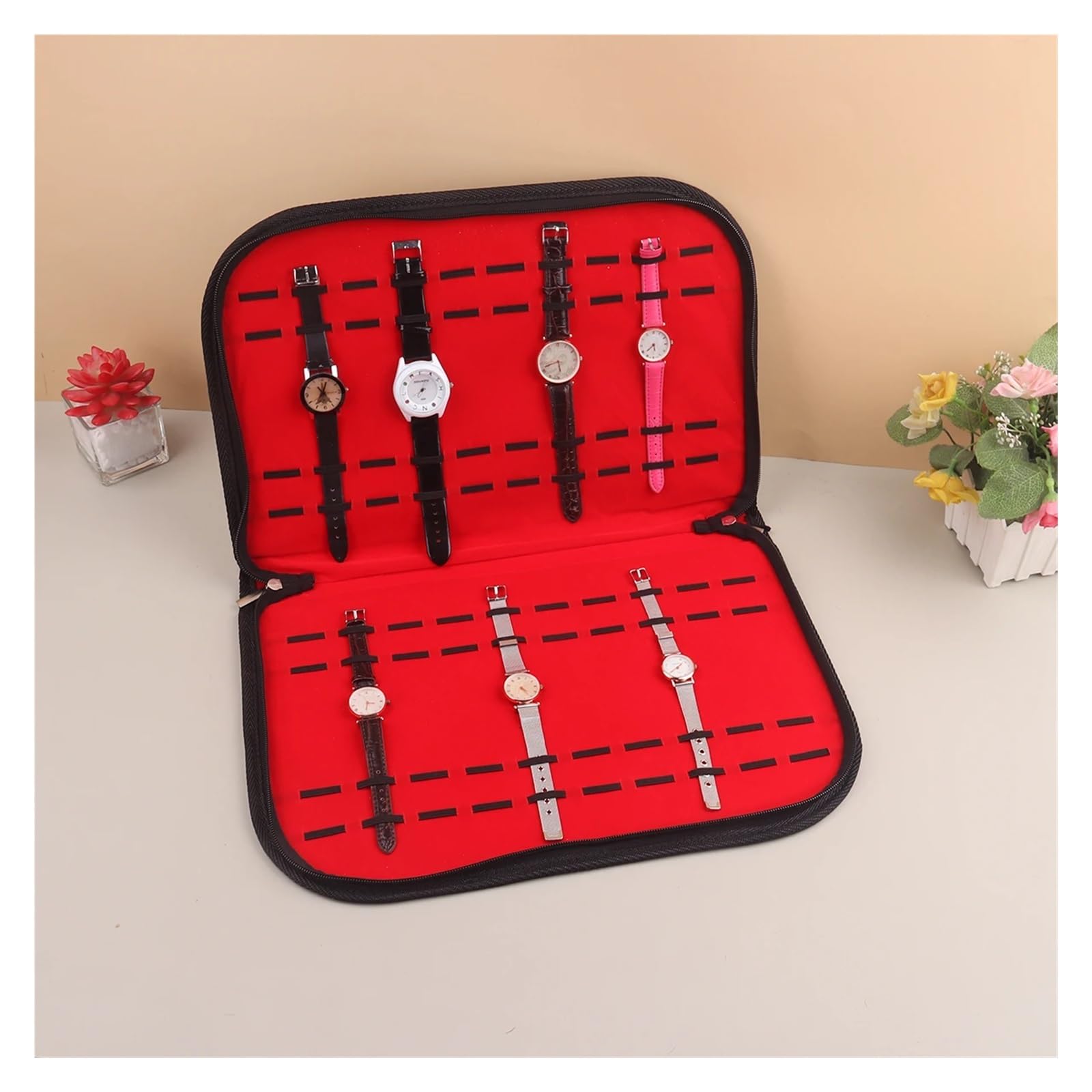 Multifunktionaler tragbarer Uhrenarmband-Organizer, Reiseetui for Uhren aus Leder und Flanell, Schwarz/Rot, tragbares Uhrenetui for die Reise zur Aufbewahrung von Uhren