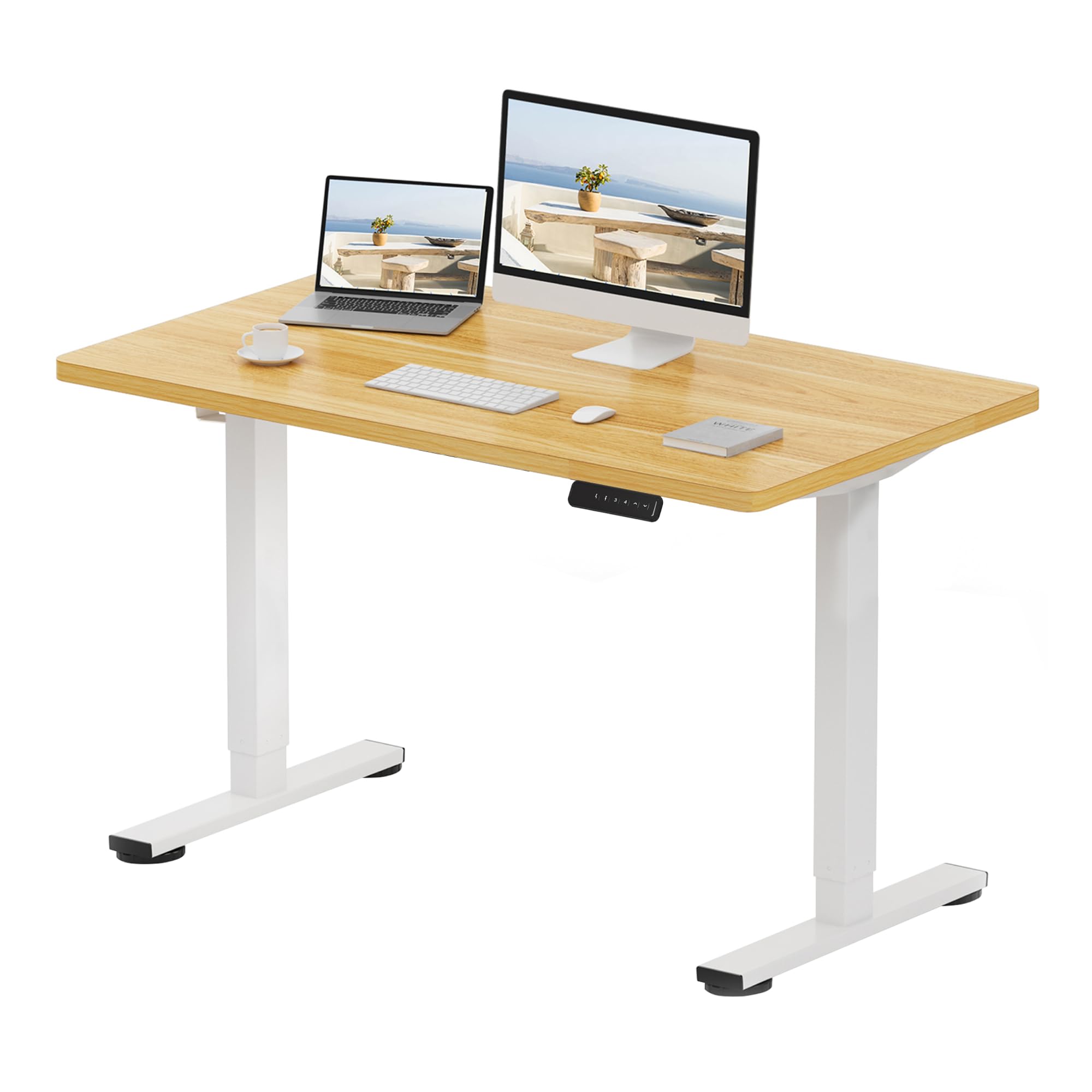 E1 Plus ONE PIECE Electric Standing Desk Height Adjustable Sit Stand Desk with Memory Smart Panel(120 * 60cm, White Frame+Maple Desktop)