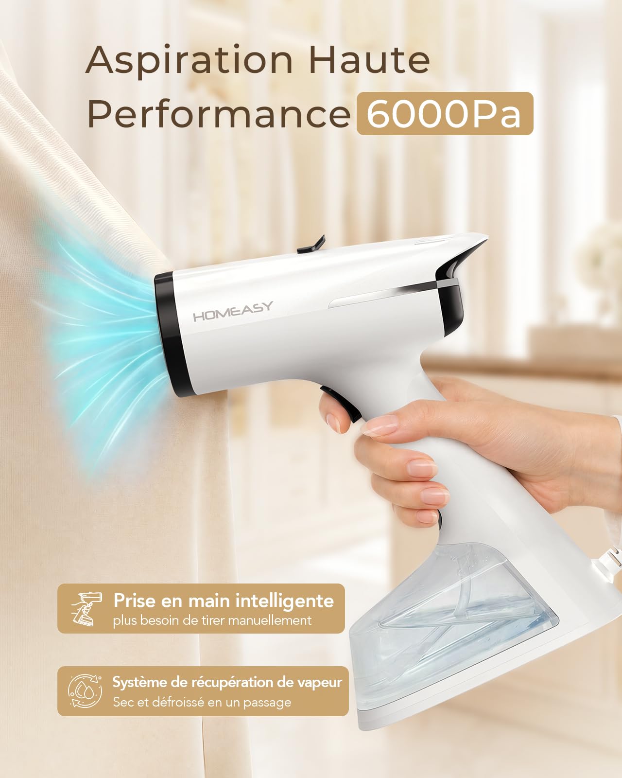 HOMEASY Défroisseur Vêtement à Main avec Aspiration 6000Pa, 1500W | Vapeur E22, Réservoir 270ml, 2 Niveaux, Préchauffe 25s, Sans Planche, Maison et Voyage