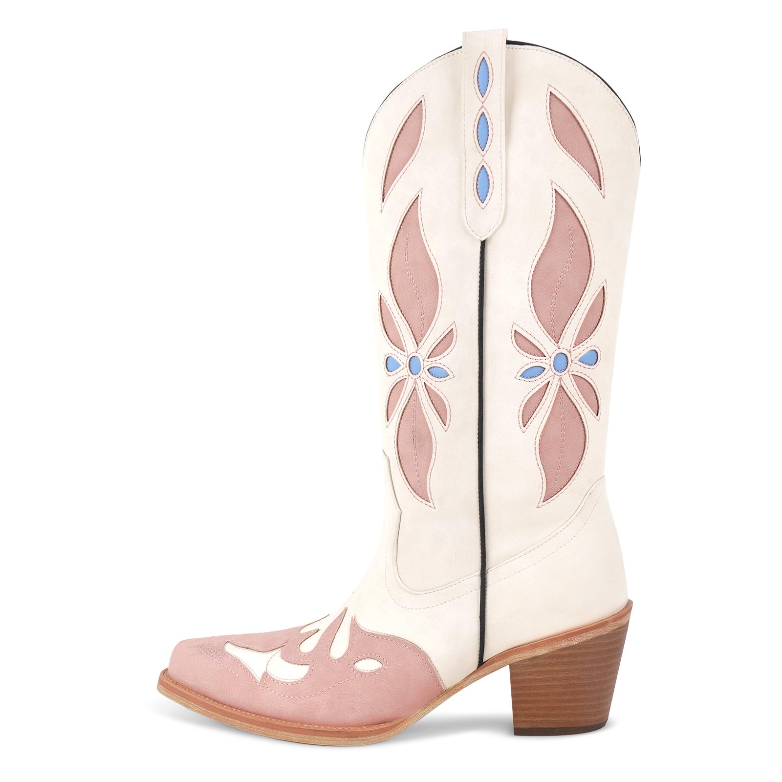 Womens Embroidered Western Boots Pull On Mid Calf Long Boot Small Square Toe Block Heels