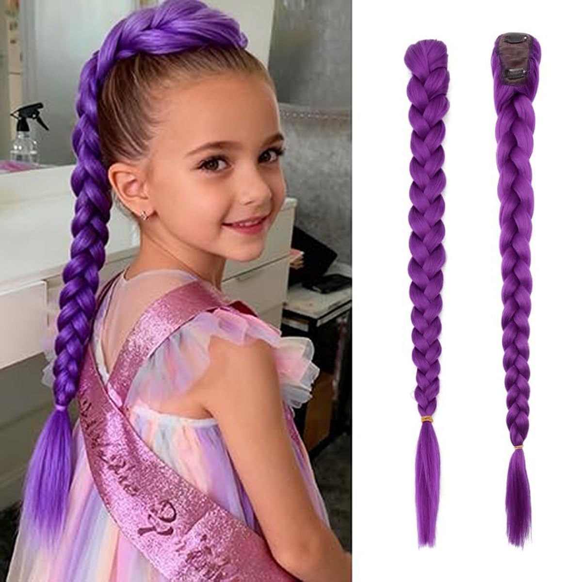26 Inch Long Purple Braid Ponytail Extensions, Hair Extensions for Kids, Fake Hair, Pre Stretched Clip in Ponytail for Cosplay Halloween Party-image-31