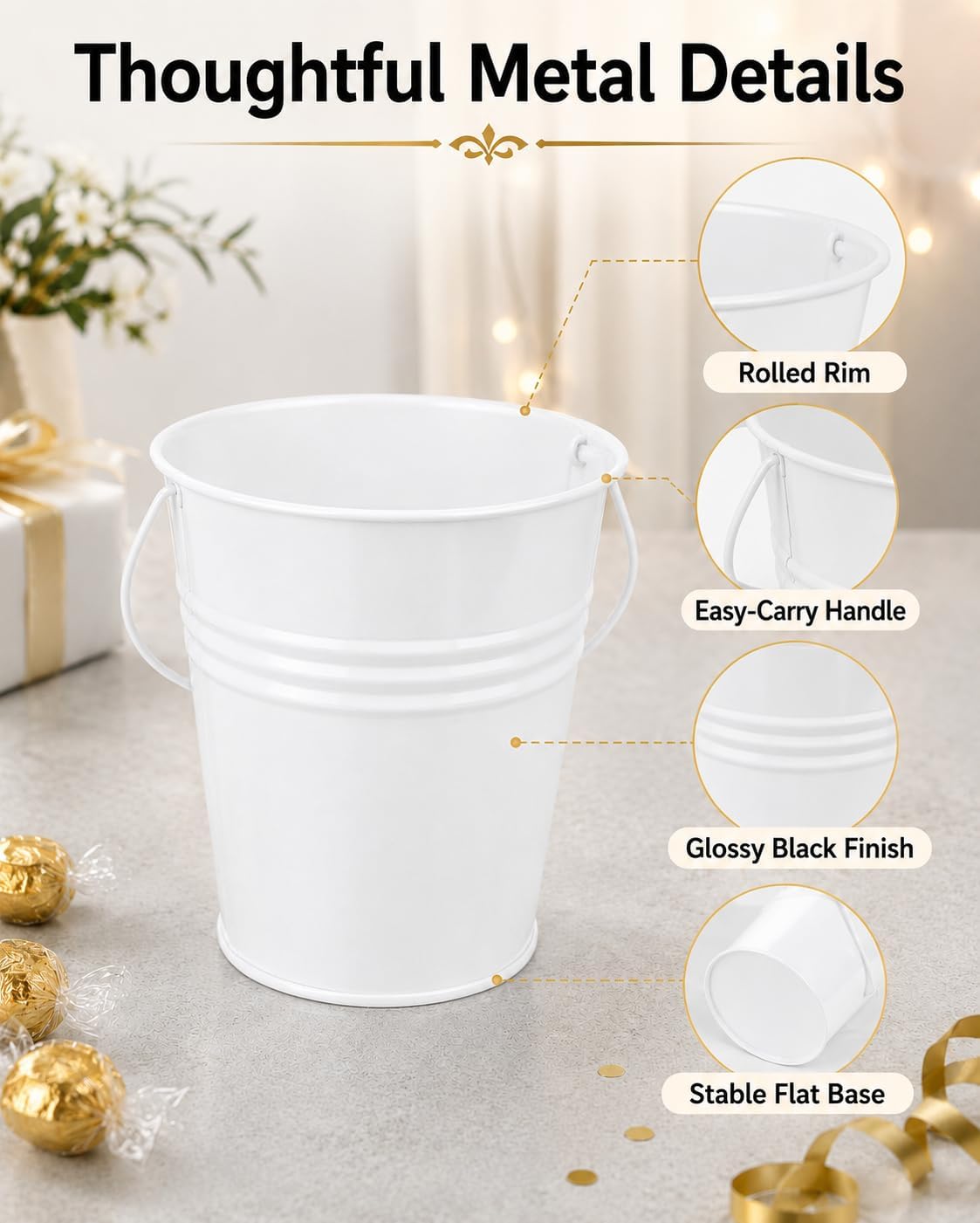 12 Pack Mini Metal Buckets with Handles, 4.5 Inch Opening Small Metal Pails, Halloween Candy Buckets for Trick or Treat, Party Favors, Snacks, Crafts, Weddings, Small Plant Displays(White)