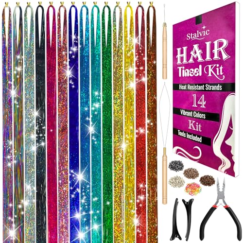 Stalvic Hair Tinsel Kit – 14 Colors, Up to 3900 Heat-Resistant Strands (48 Inch) with Wooden Threader, Crochet Tool, Pliers, Hair Bands, Hair Clips & Beads – For Girls, Women & Kids