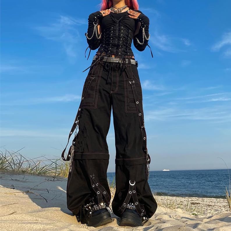 Women Vintage Goth Hip Hop Jeans Punk High Waisted Baggy Bootcut Jeans Strap Chain Striped Wide Leg Denim Pants - Image 2