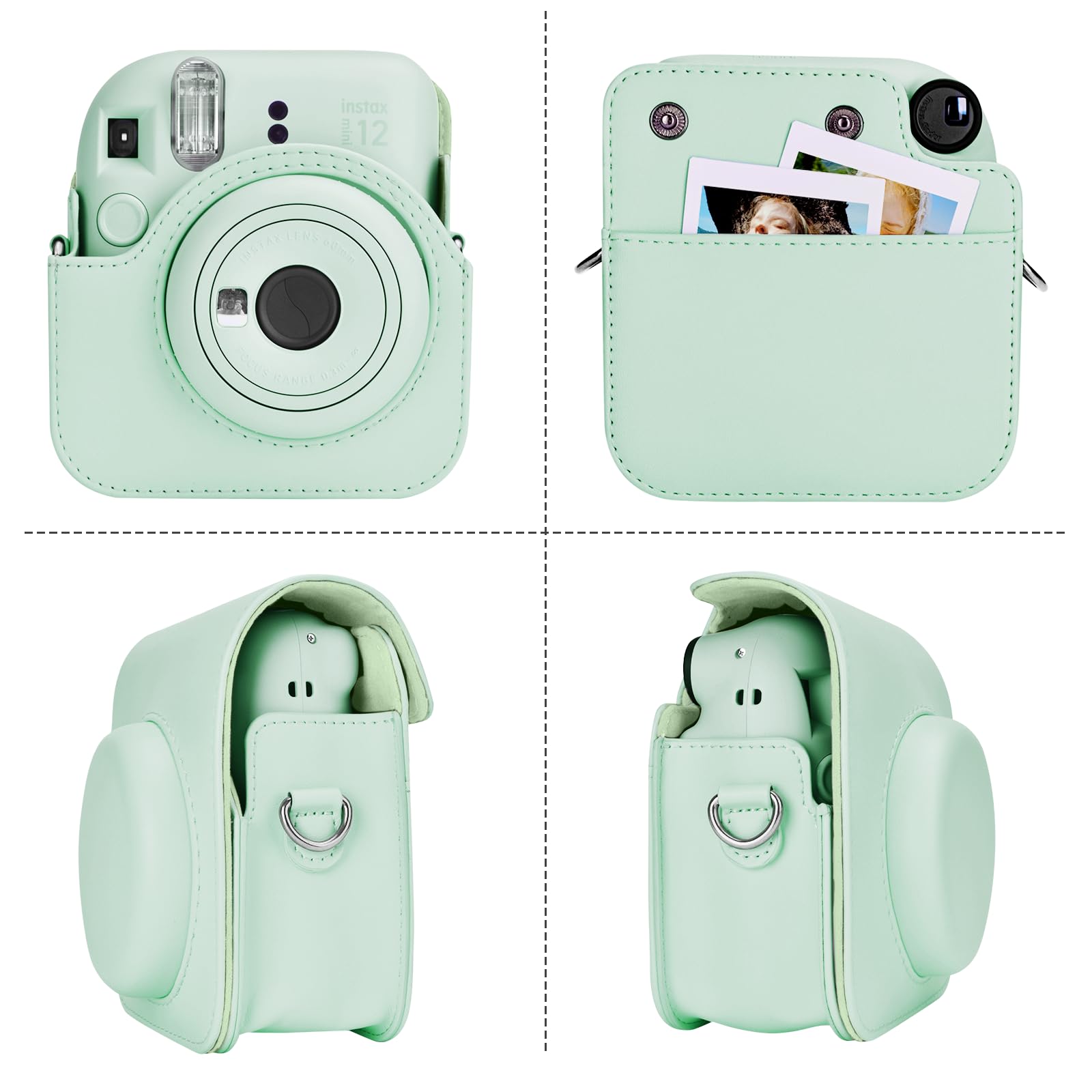 Rieibi Housse pour Instax Mini 12 - Étui de Protection en Cuir PU pour Appareil Photo Instantané Fujifilm Instax Mini 12 - Étui Amovible avec Bandoulière - Vert