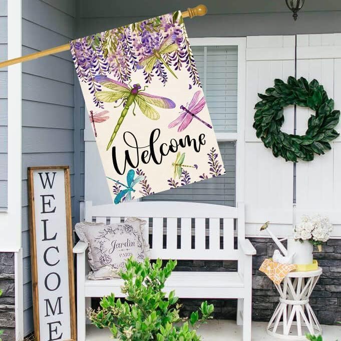 Baccessor Spring Summer Flower House Flag Wisteria Dragonfly Floral Welcome House Flag Burlap Double Sided Vertical Seasonal Farmhouse Wedding Yard Outdoor Decoration 28 x 40 Inch (Large) - Image 2