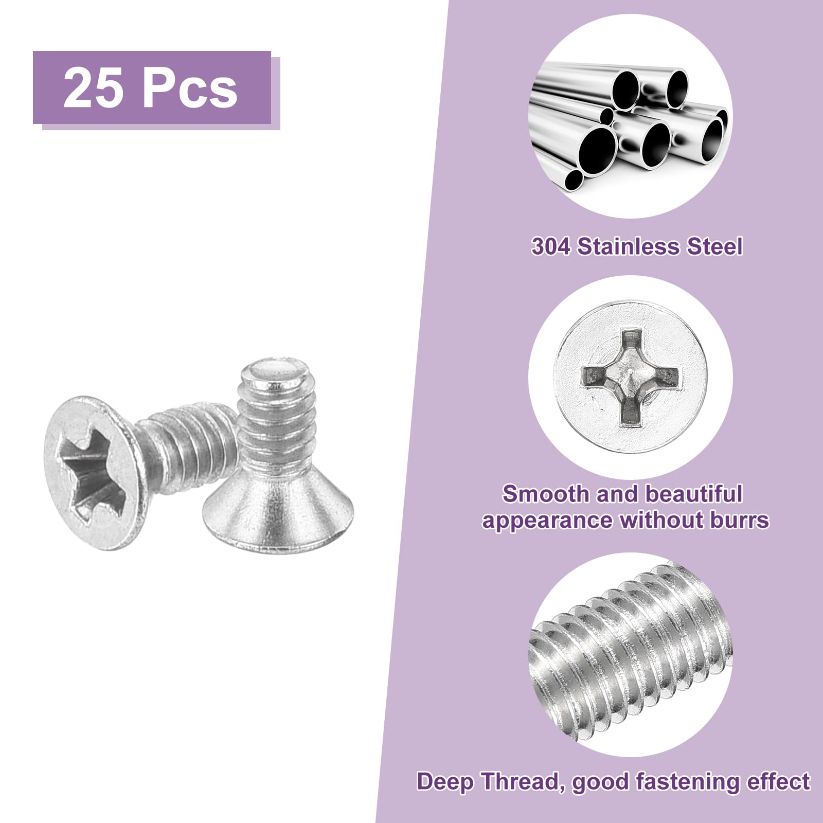 sourcing map 25 tornillos Phillips de cabeza cruzada #2-56 x 3/16 pulgadas, tornillos de cabeza cruzada, pernos de acero inoxidable 304 plateado para enchufe de pared, reparaciones de casa