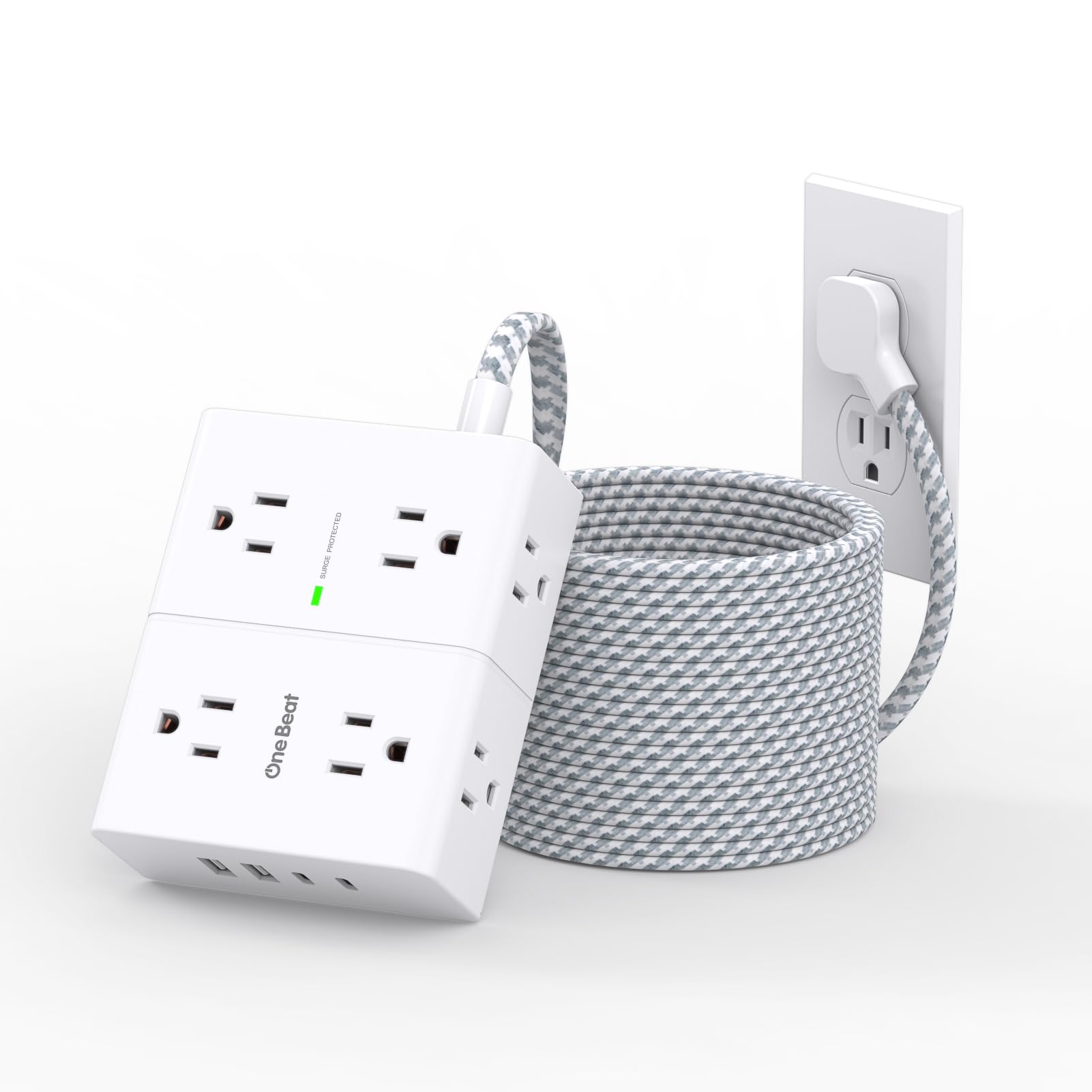 25Ft Extension Cord with Multiple Outlets, Flat Plug Power Strip Surge Protector 25 Ft Long Cord, 8 Outlet 4 USB Ports (2 USB C), Multi Outlet Wall