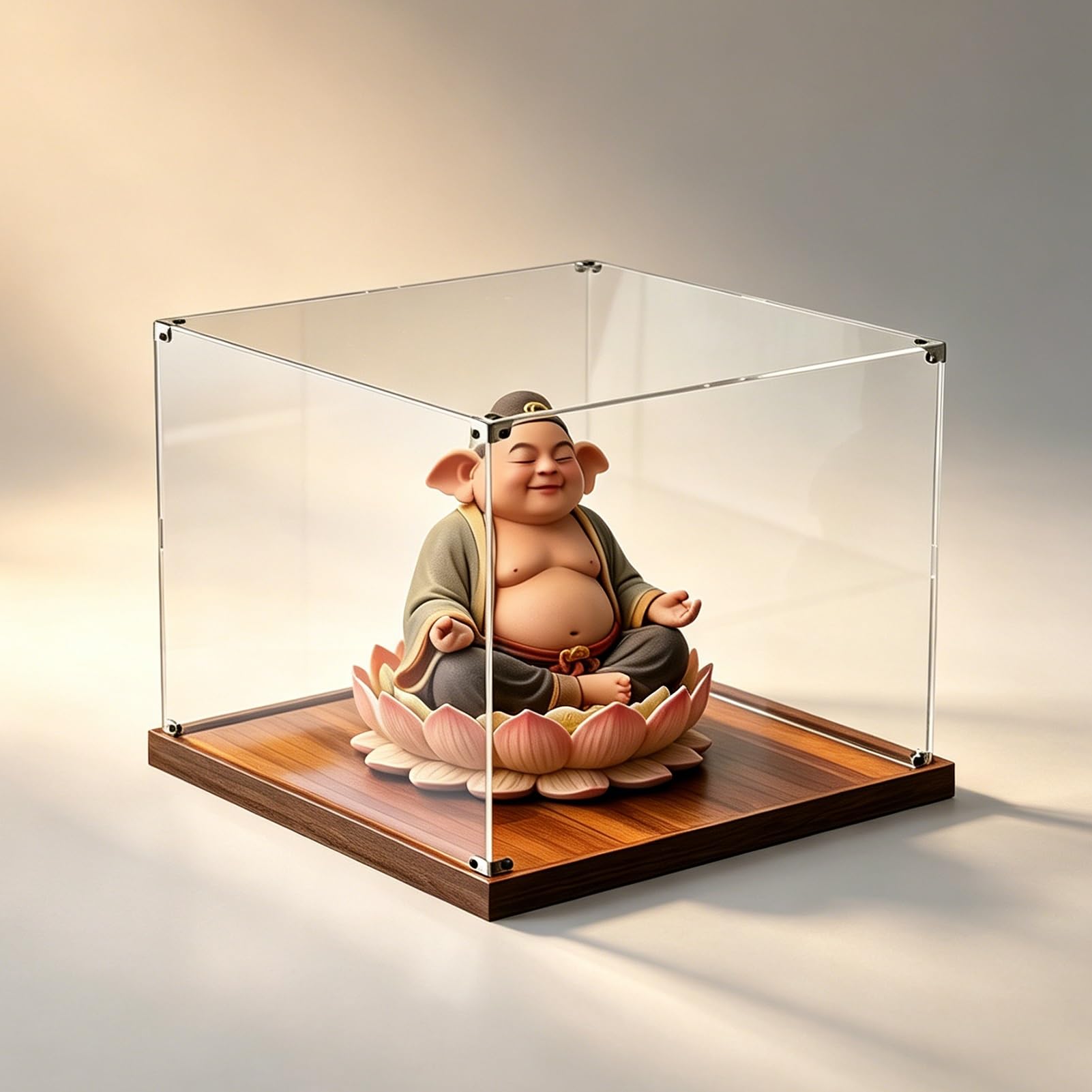UrbanUp Urna Metacrilato Caja Cuadrada Cúbica de Acrílico Transparente con Base de Madera, Vitrina para Objetos de Colección/Figuras Esquinas Metálicas, Organizador Grande(8x8xH10/20x20x25cm)
